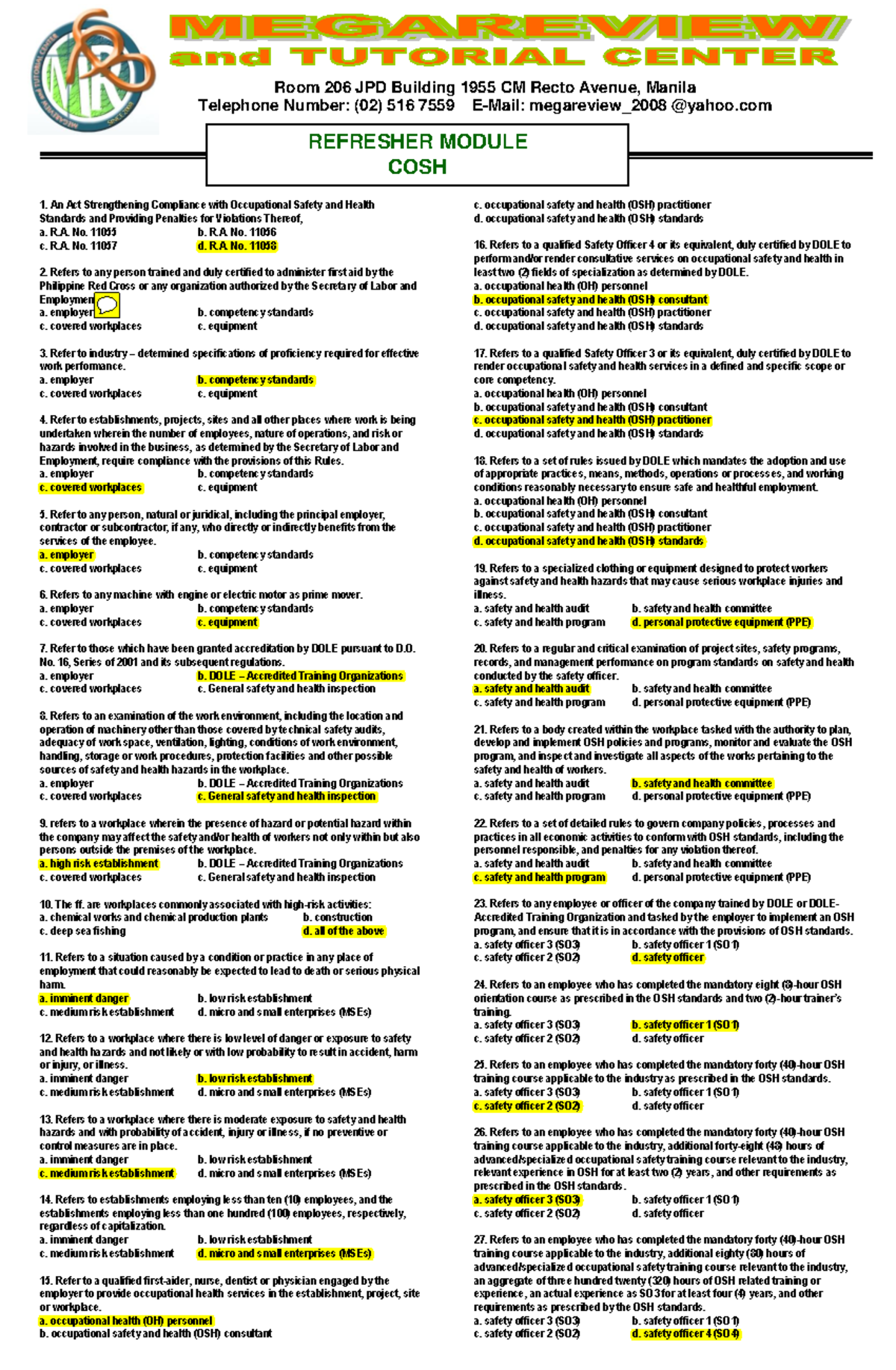 COSH Refresher Module: Key Terms and Safety Standards Review - Studocu