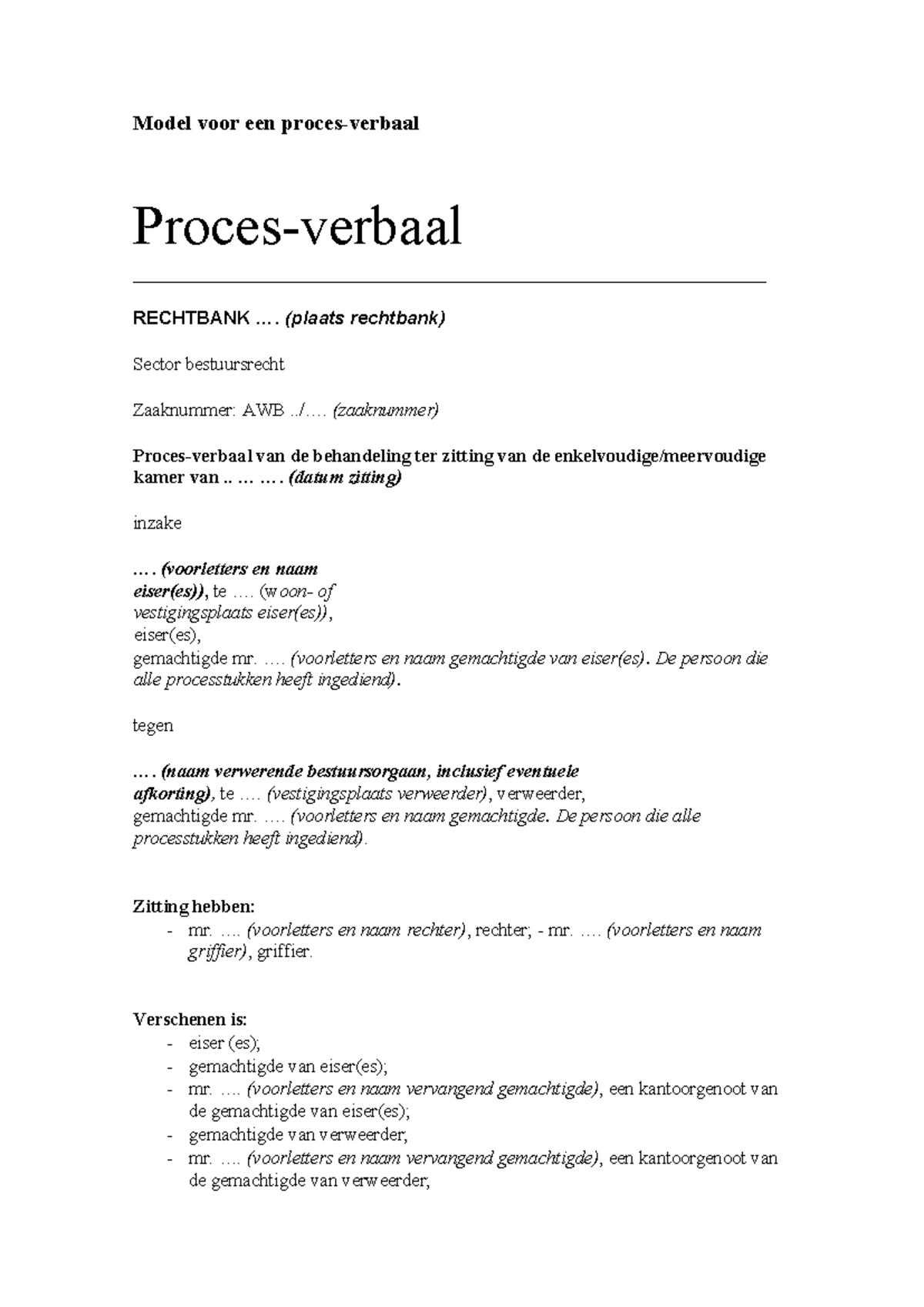 Model Proces-Verbaal voor Bestuursrecht (AWB../....) - Studeersnel