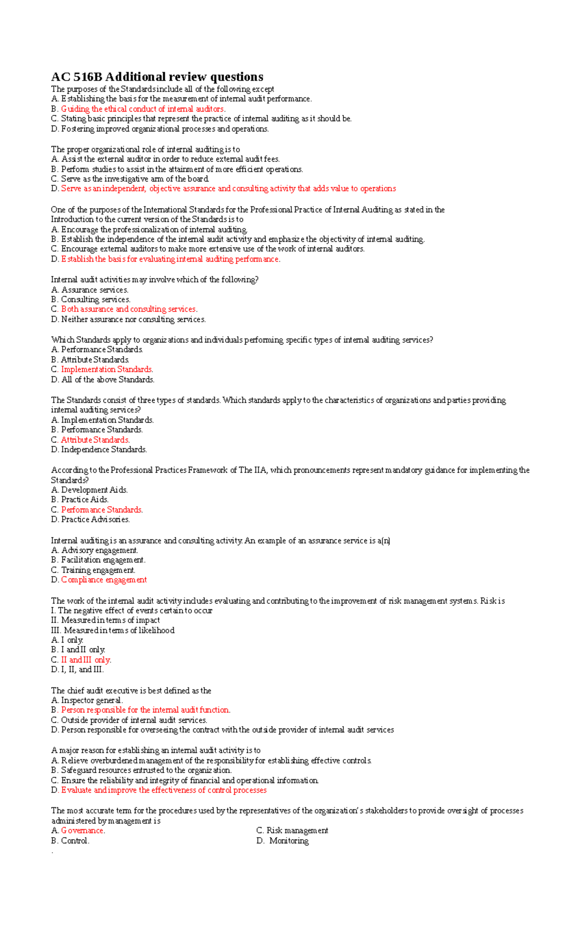 AC 516B Internal Audit Risk Management Review Questions - Studocu