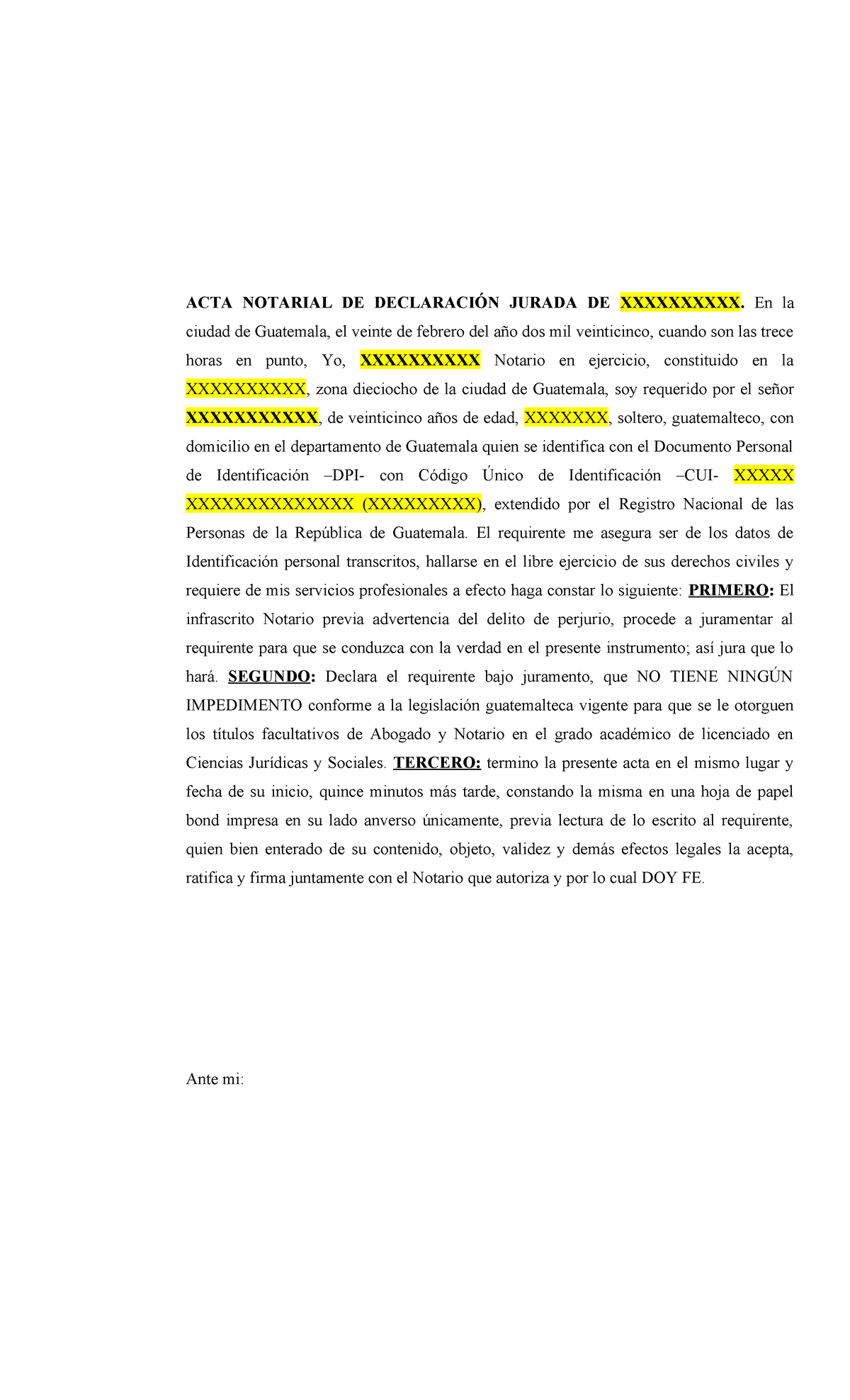 ACTA Notarial de Declaración Jurada - Guatemala 2025 - Studocu