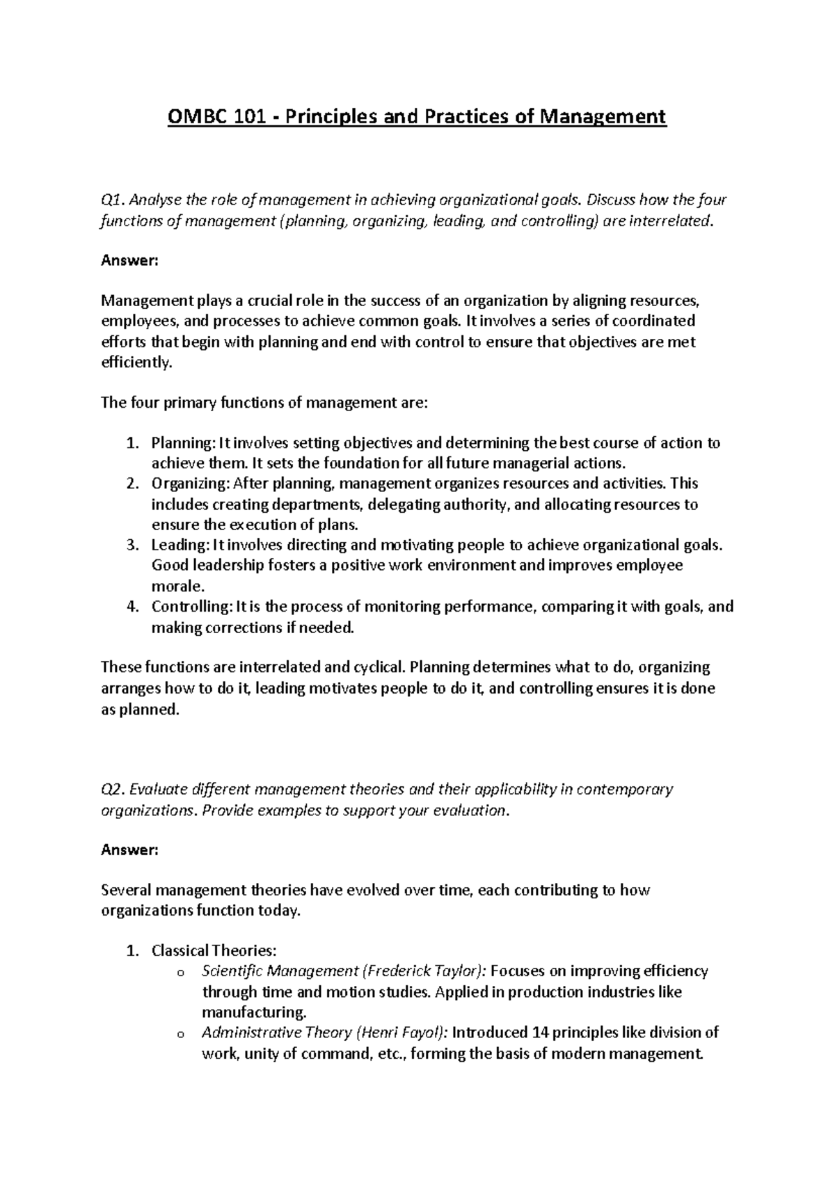 OMBC 101 - Management Principles & Theories Overview for MBA AI - Studocu