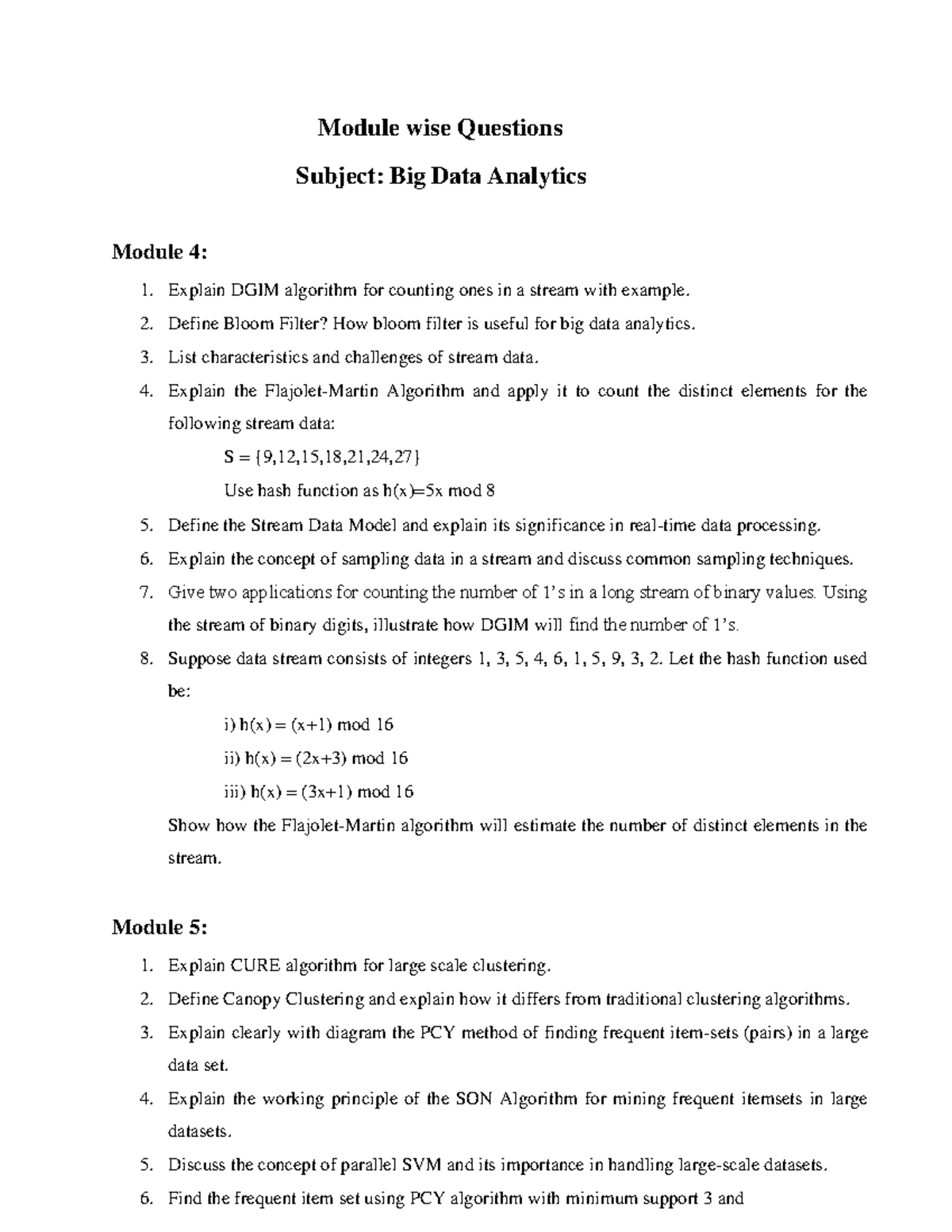 BDA Modulewise Questions for Topics 4, 5, and 6 - Studocu