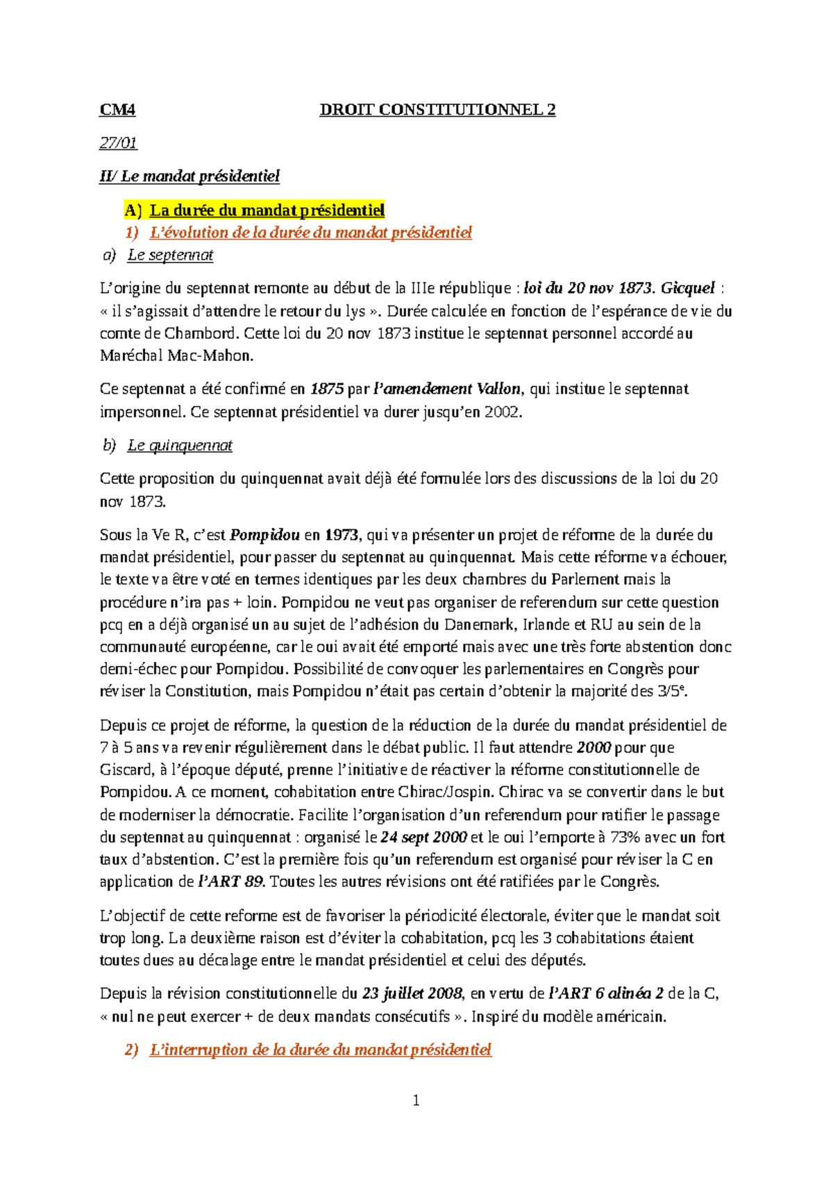 CM4 Droit Constitutionnel 2 : Analyse du Mandat Présidentiel - Studocu