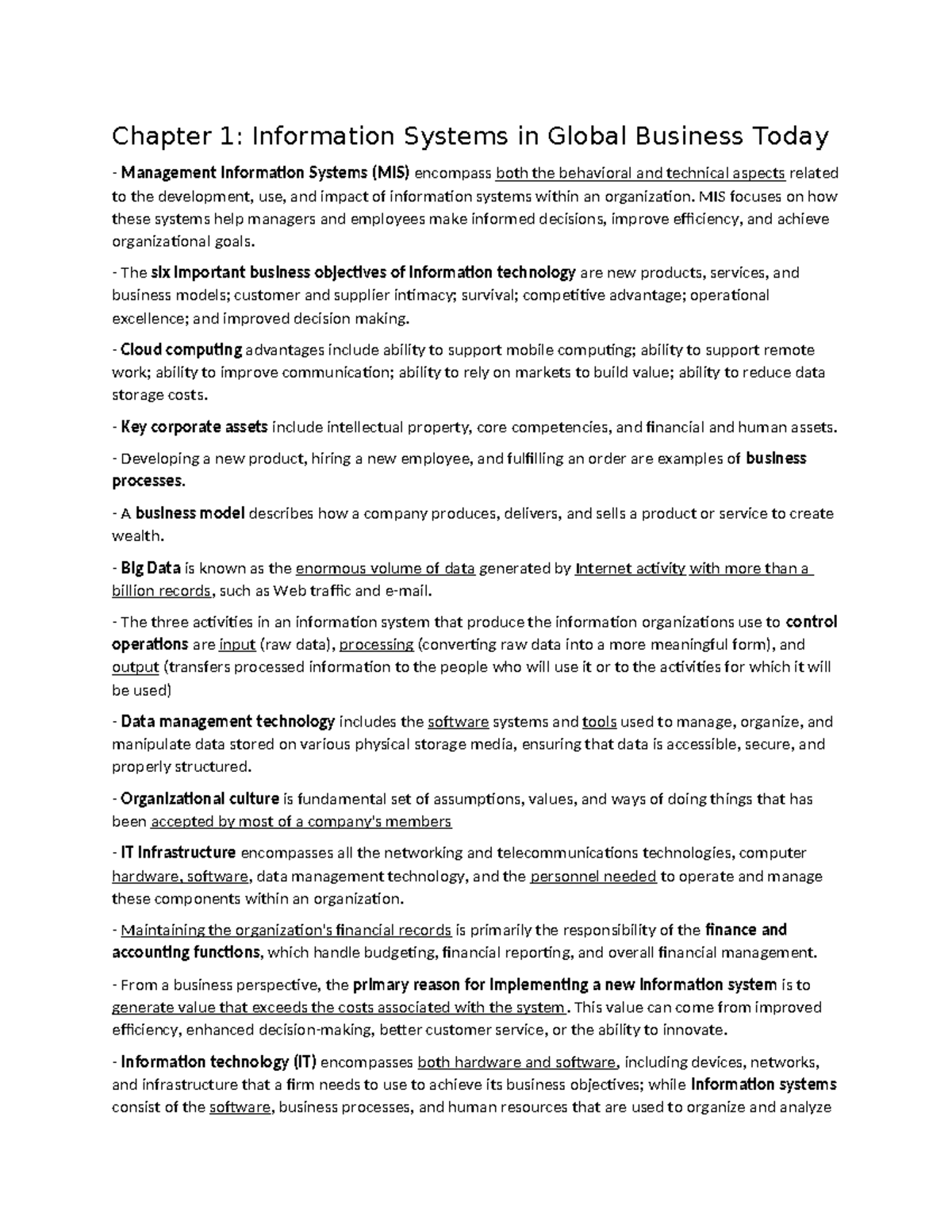 MIS note - note - Chapter 1: Information Systems in Global Business ...