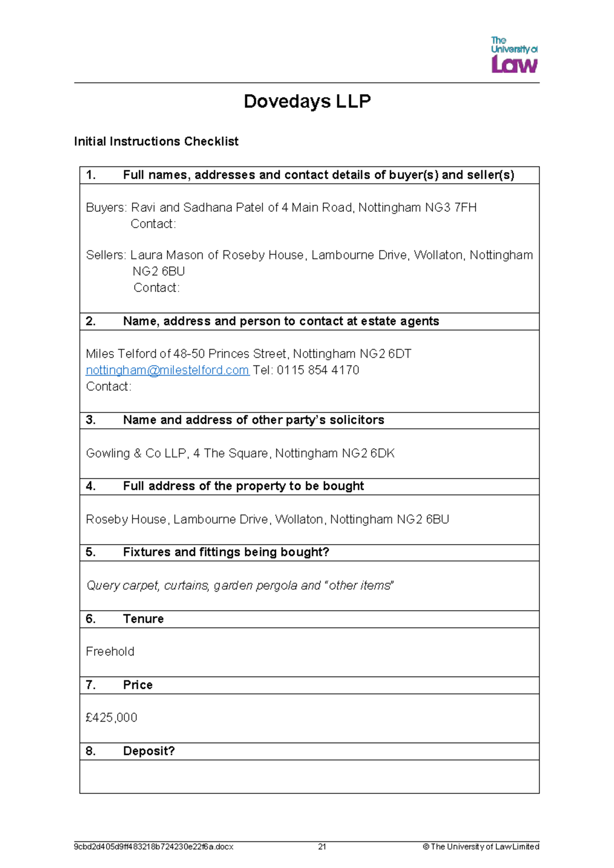 Dovedays LLP Initial Instructions Checklist - Template for Buyers ...