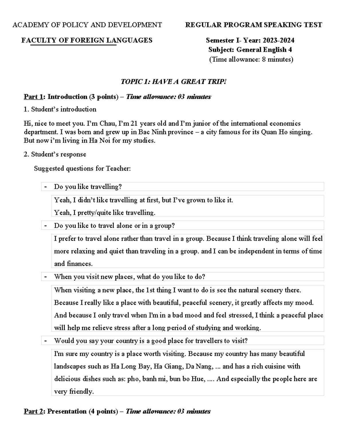 TACB4 10 - Speaking Test: General English 4 - Topics & Discussion - Studocu