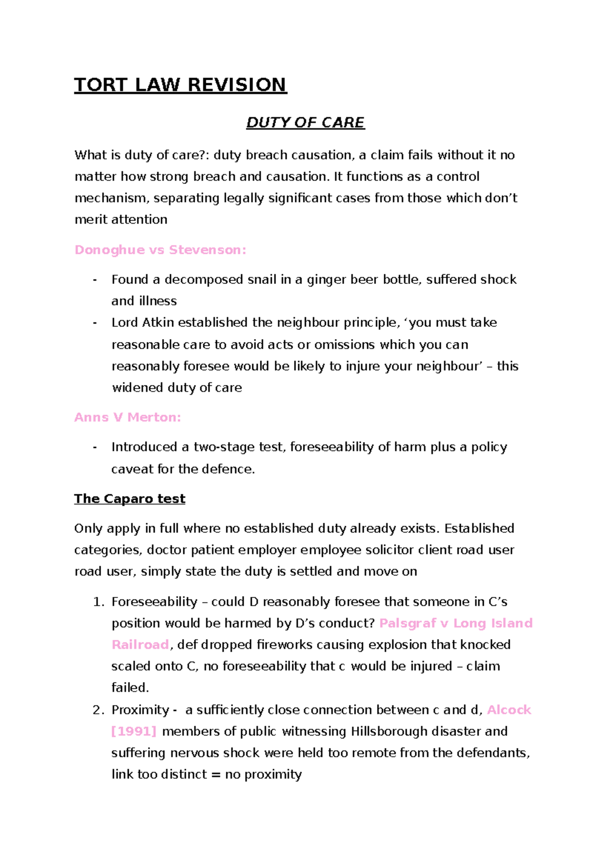 TORT LAW REVISION: DUTY OF CARE SUMMARY NOTES - Studocu