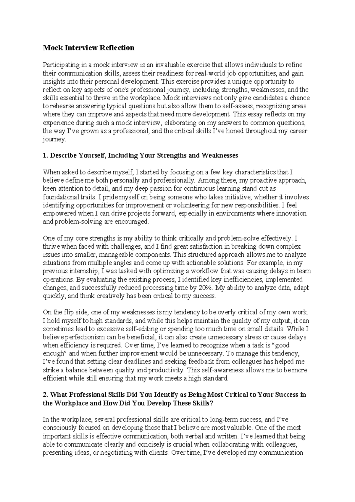 Mock interview - This exercise provides a unique opportunity to reflect ...