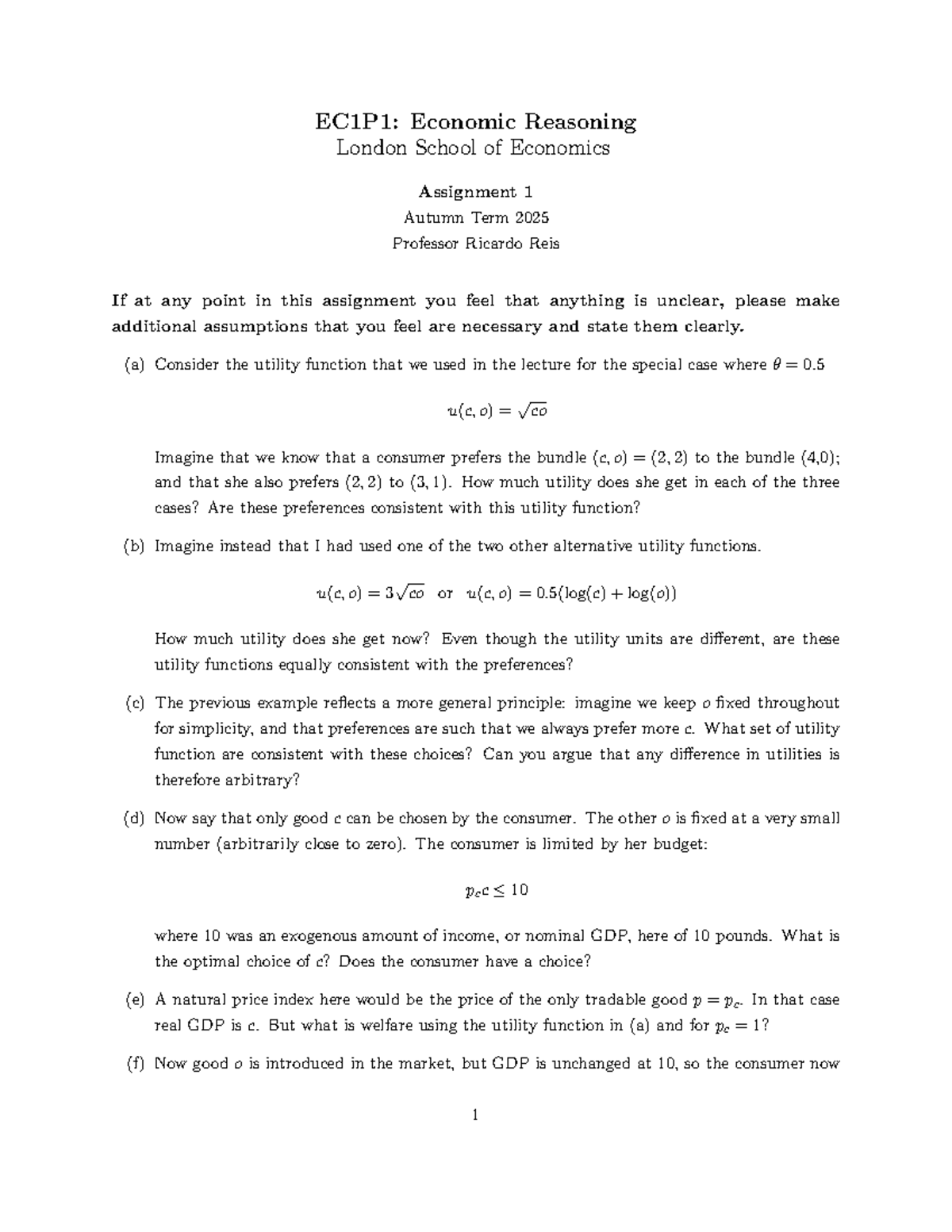 EC1P1: Economic Reasoning Assignment 1 - Utility Functions Analysis ...