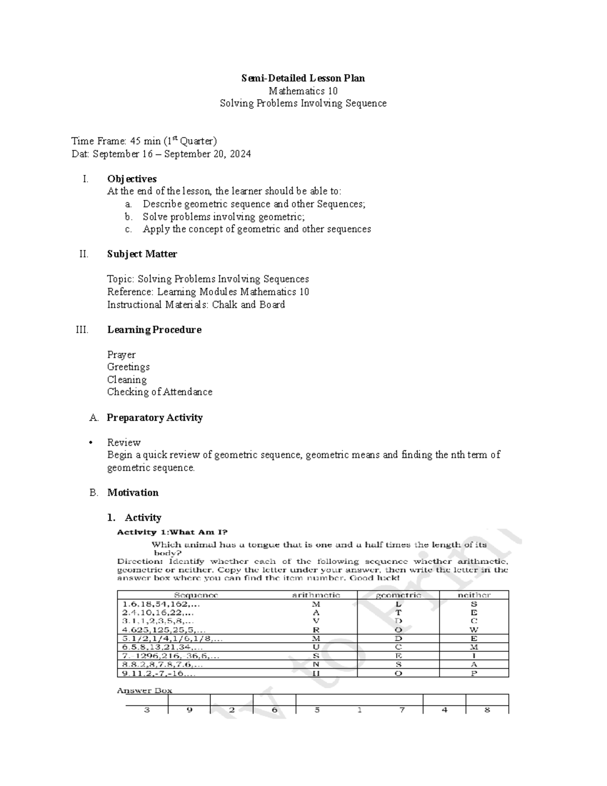 Mathematics 10: Semi-Detailed Lesson Plan on Sequences - Studocu