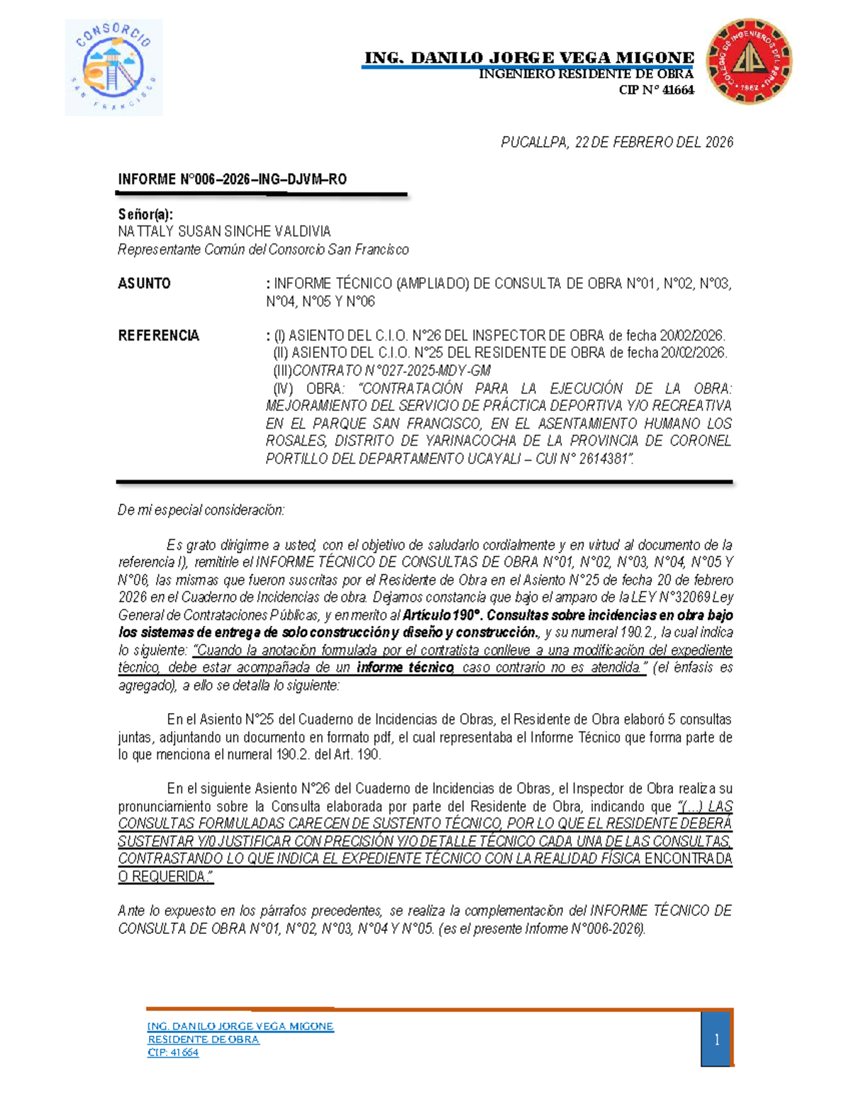 Informe Técnico de Consultas de Obra - CIP Nº 41664 - Document Preview