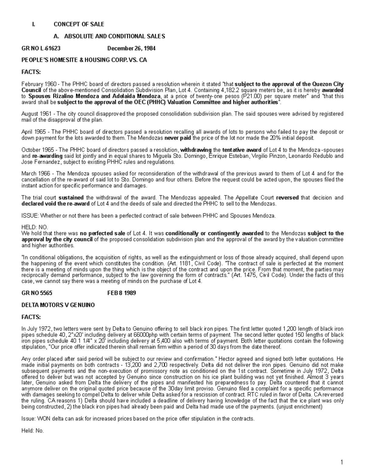 Sales Cases Final - I. CONCEPT OF SALE A. ABSOLUTE AND CONDITIONAL ...