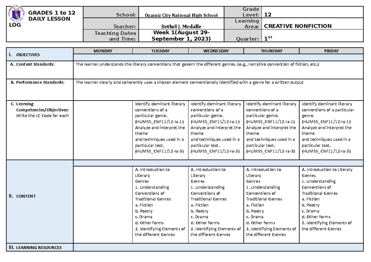 Creative Nonfiction Dll Week 1 Lesson Log For Grade 12 Studocu