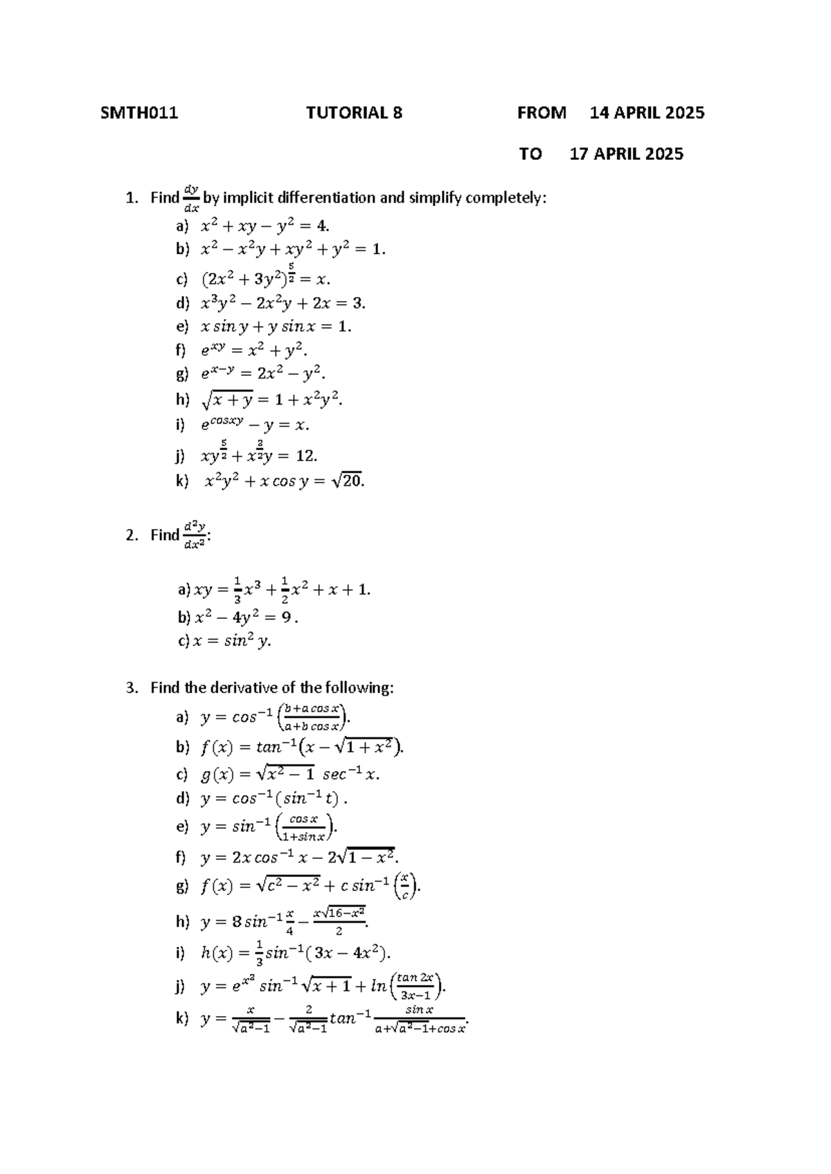 SMTH011 TUTORIAL 8: IMPLICIT DIFFERENTIATION & DERIVATIVES - Studocu