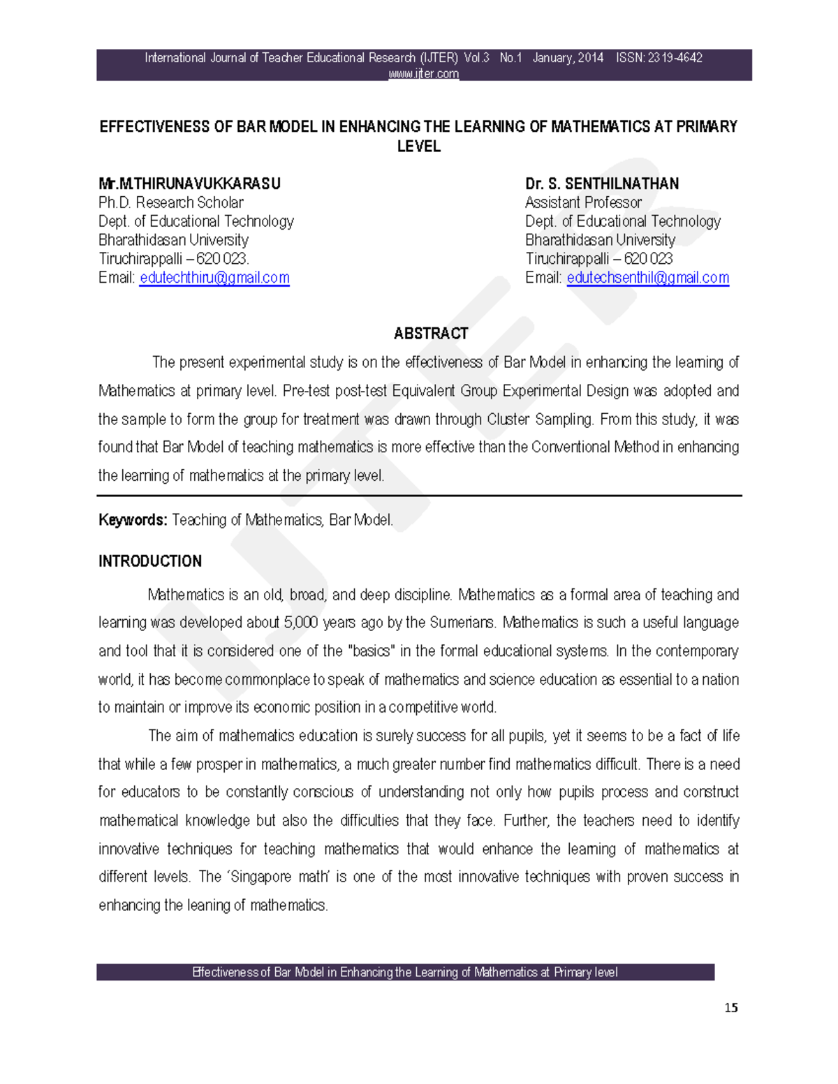 Effectiveness of Bar Model in Primary Math Learning (IJTER Vol.3 No.1 ...