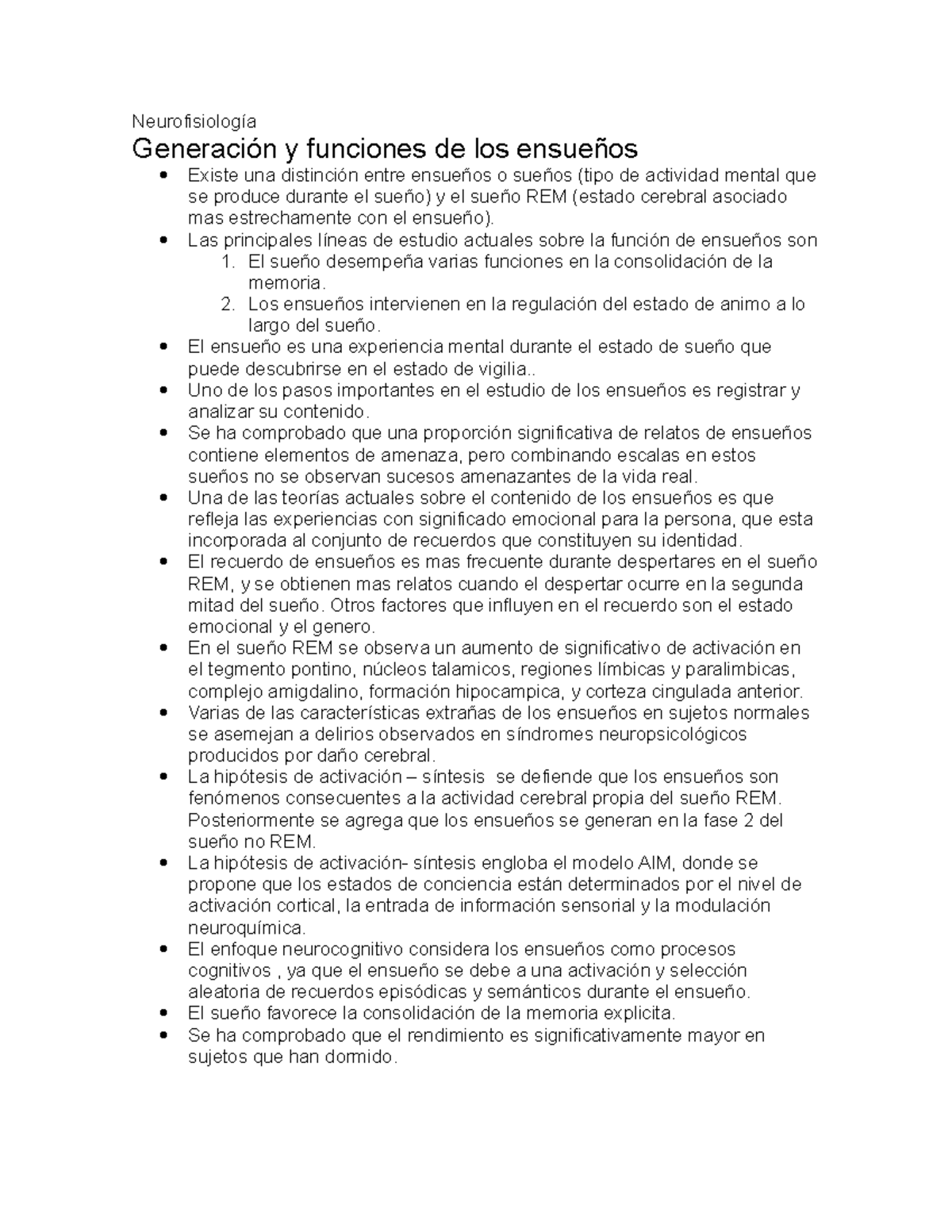 Generacion y funciones de ensueño - Neurofisiología Generación y ...