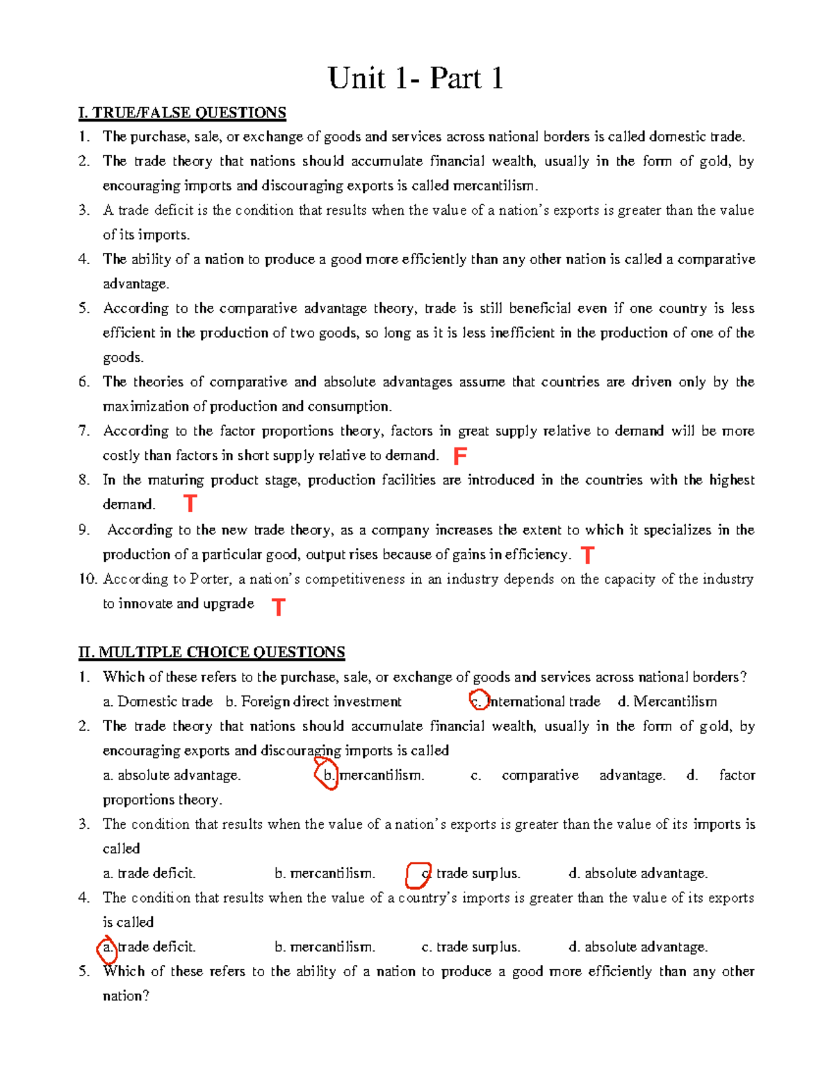 Unit 1 practice - Unit 1- Part 1 I. TRUE/FALSE QUESTIONS The purchase ...