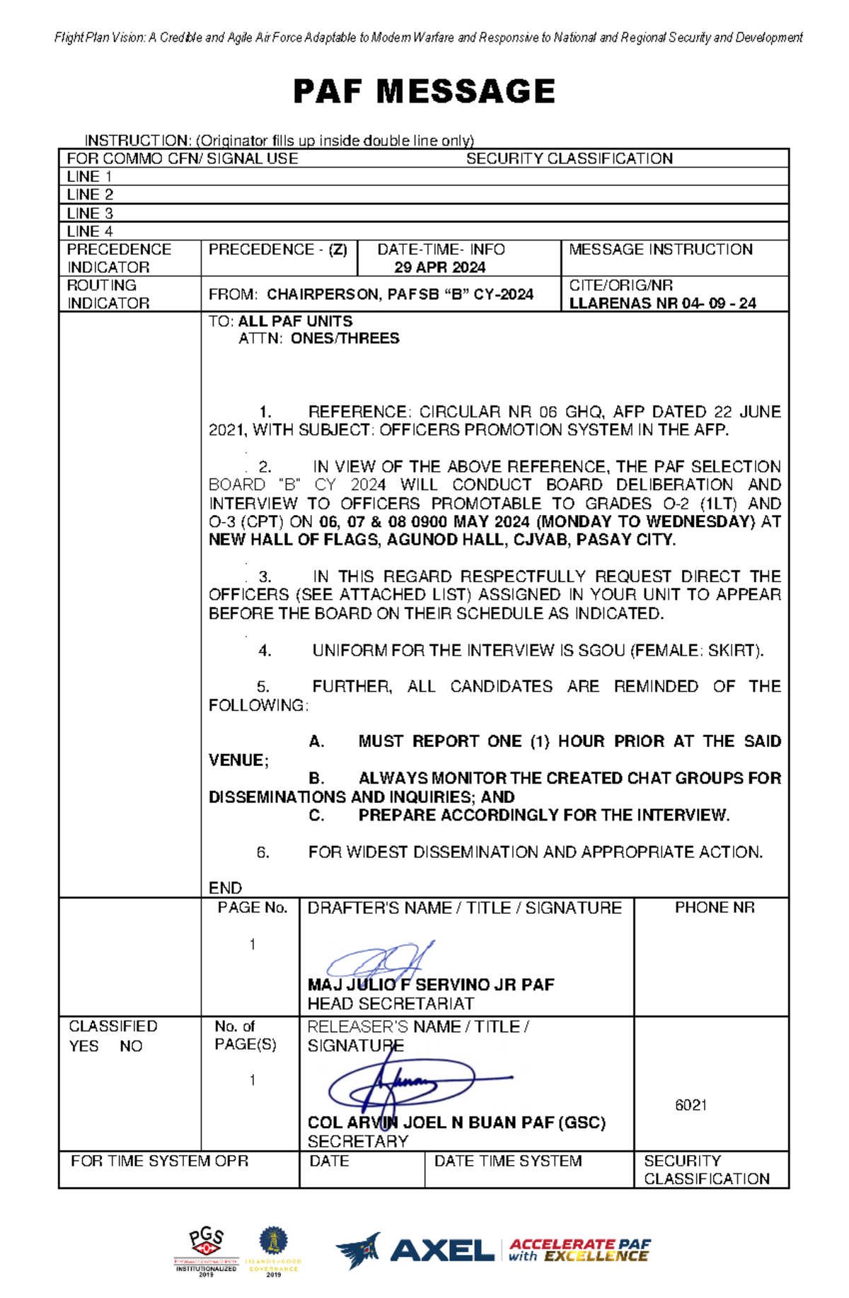 Llarenas 04-09-24 PAF MSG FOR BD Interview - PAF MESSAGE INSTRUCTION ...