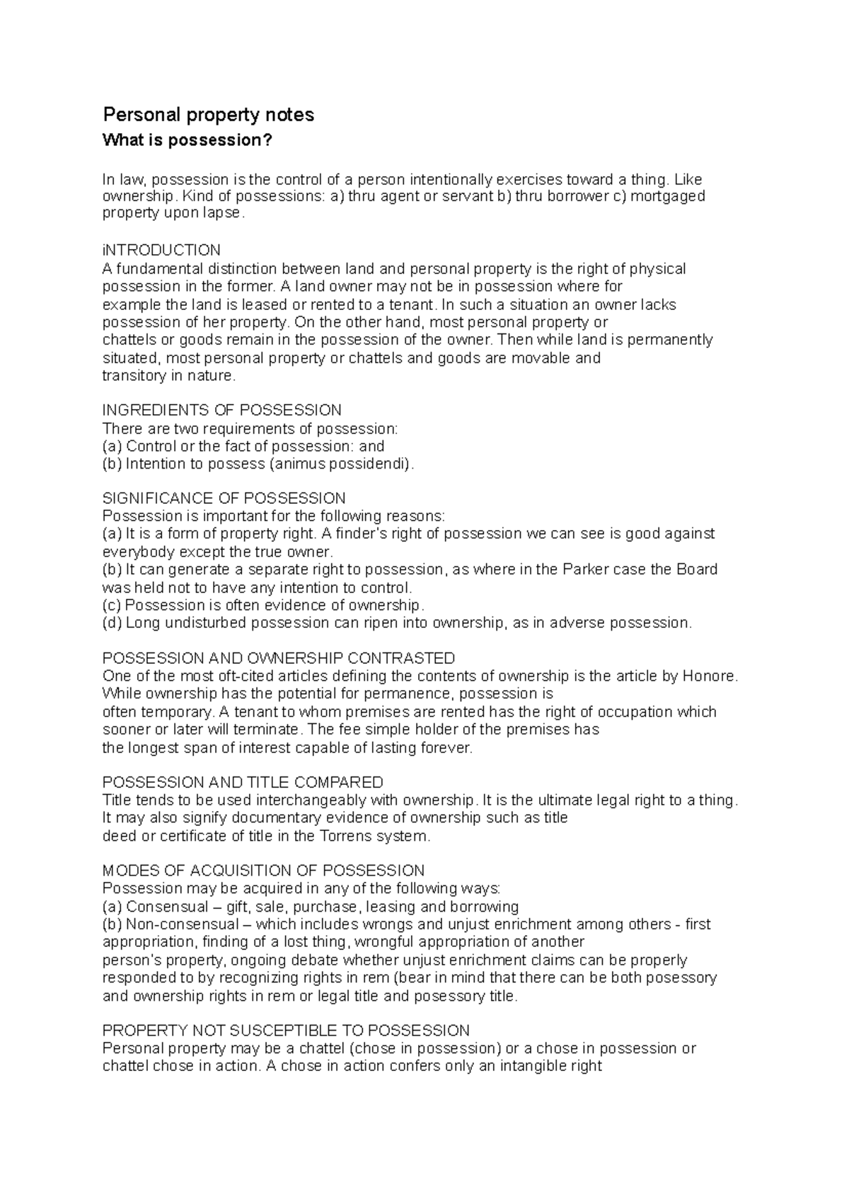 LAWS504 notes - Personal property notes What is possession? In law ...