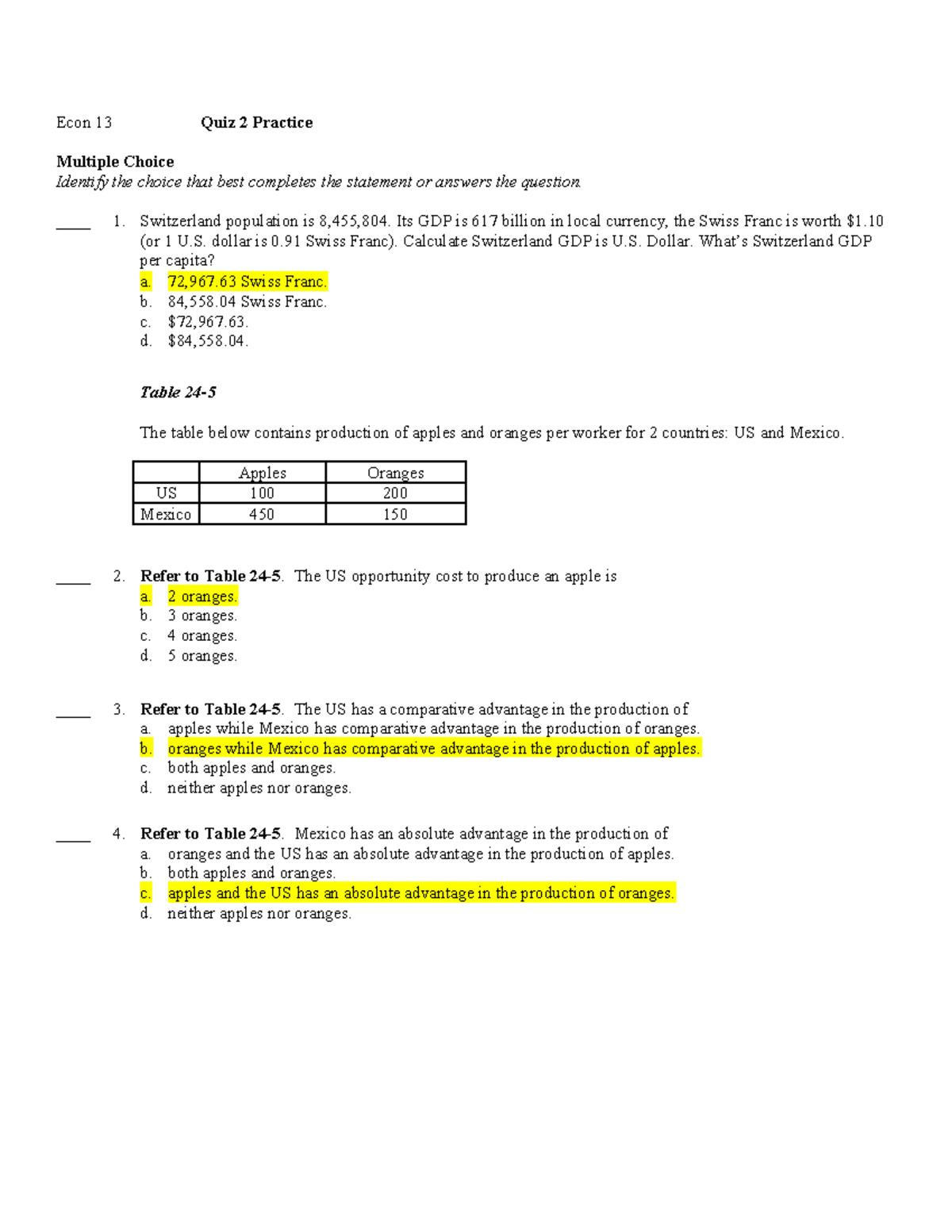 Econ 13 Quiz II Practice Questions with Key Concepts and Scenarios ...