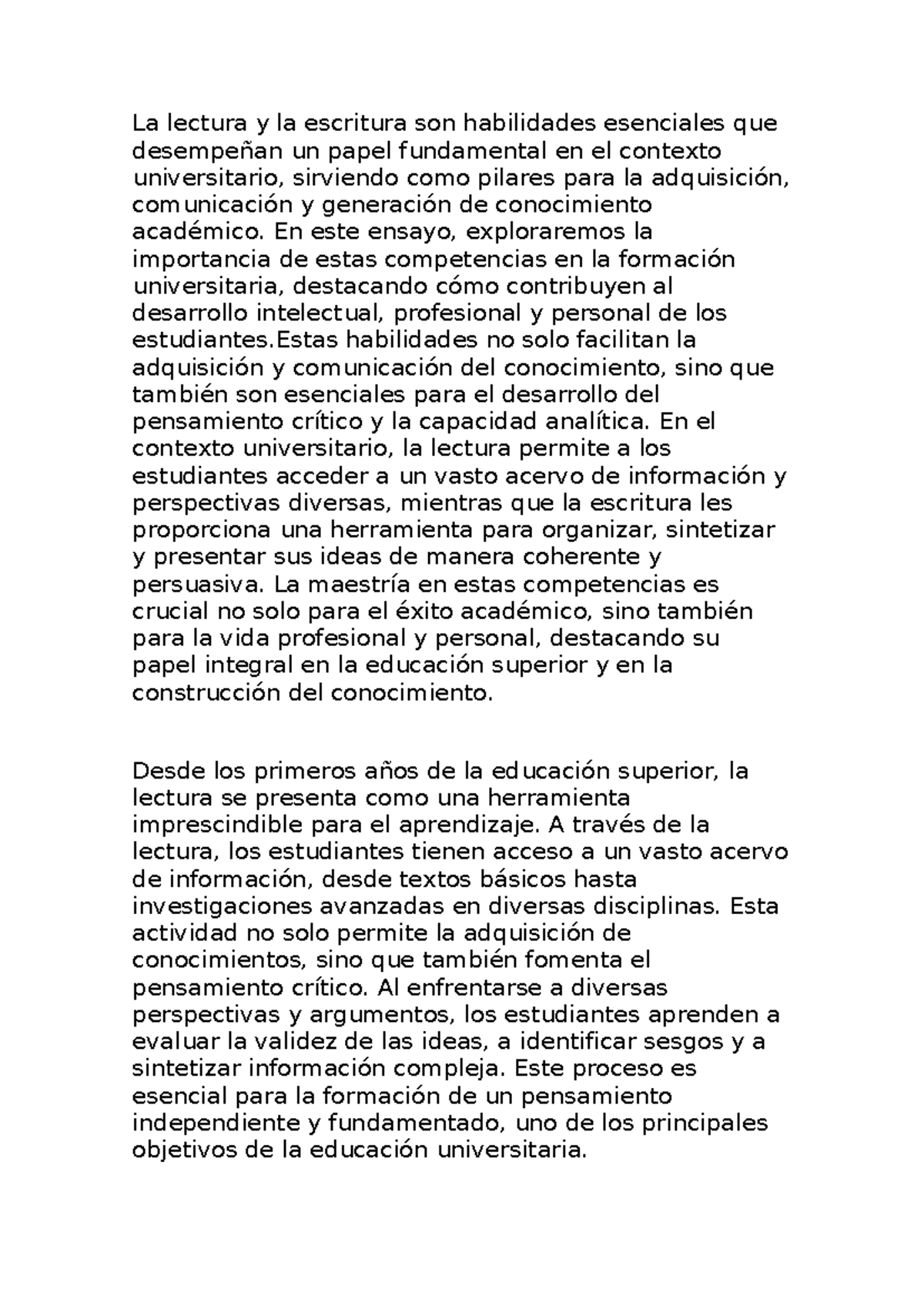 Ensayo sobre la Importancia de la Lectura y Escritura en la Educación ...