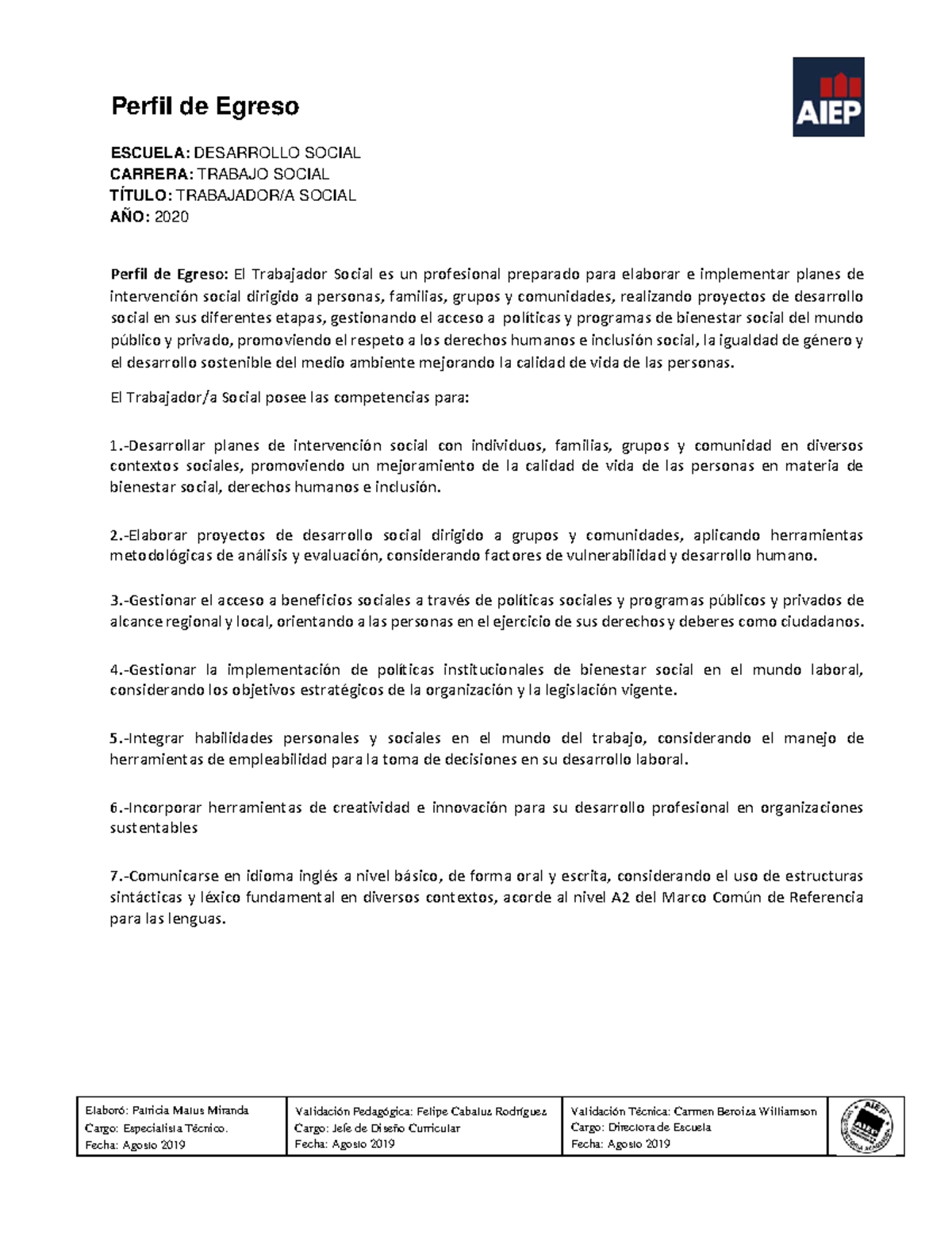 Perfil de Egreso del Trabajo Social - Escuela de Desarrollo Social 2020 - Document Preview