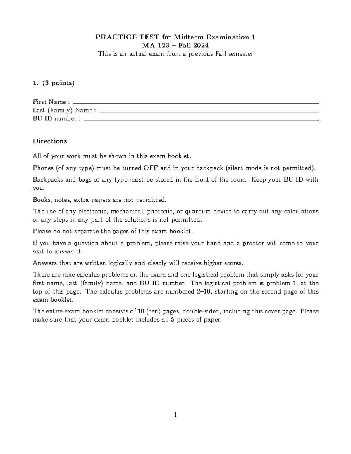 PRACTICE TEST for Midterm Exam 1 MA 123 Fall 2024 - Studocu