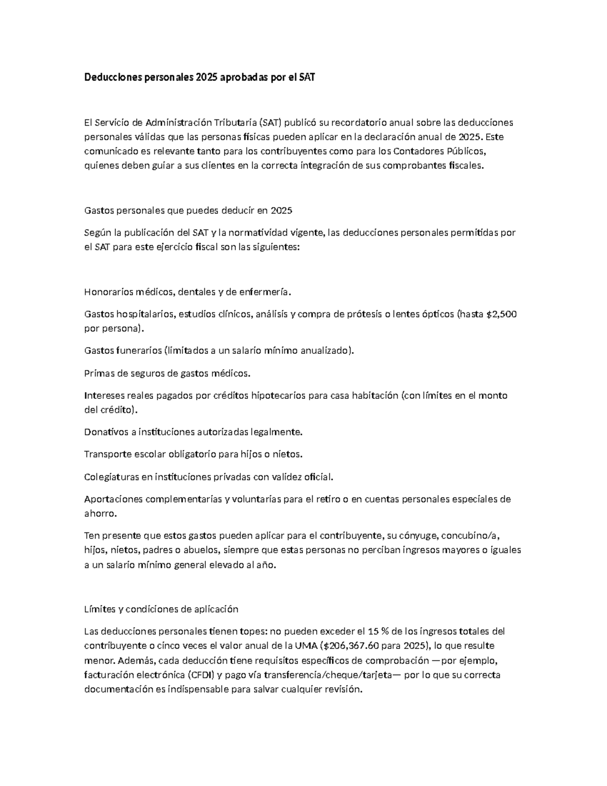 Deducciones Personales 2025: Guía SAT para Contribuyentes y Contadores ...