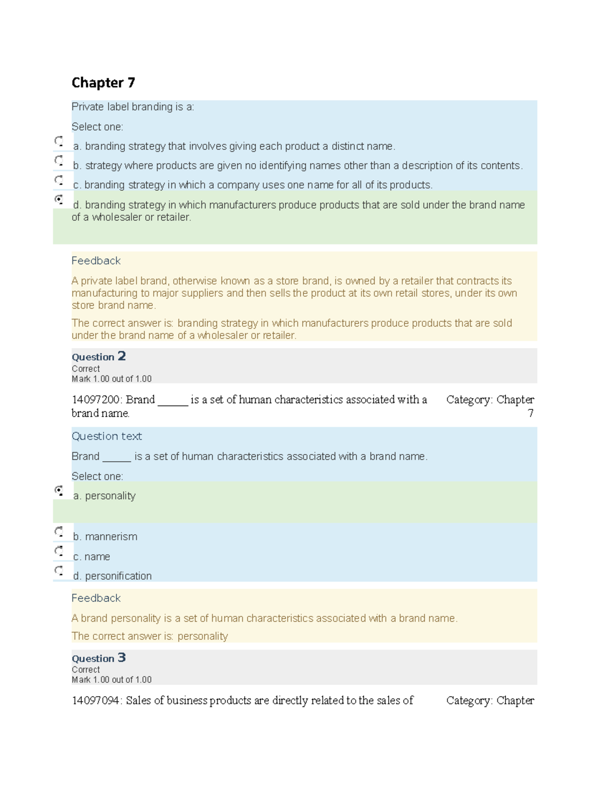 Chapter 7 - Exam Answers and Feedback on Branding Strategies - Studocu