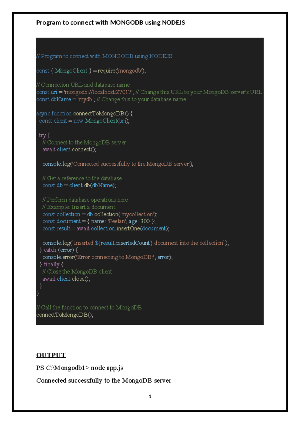 Mongo DB Connection Program Using Node JS - Tutorial Guide - Studocu