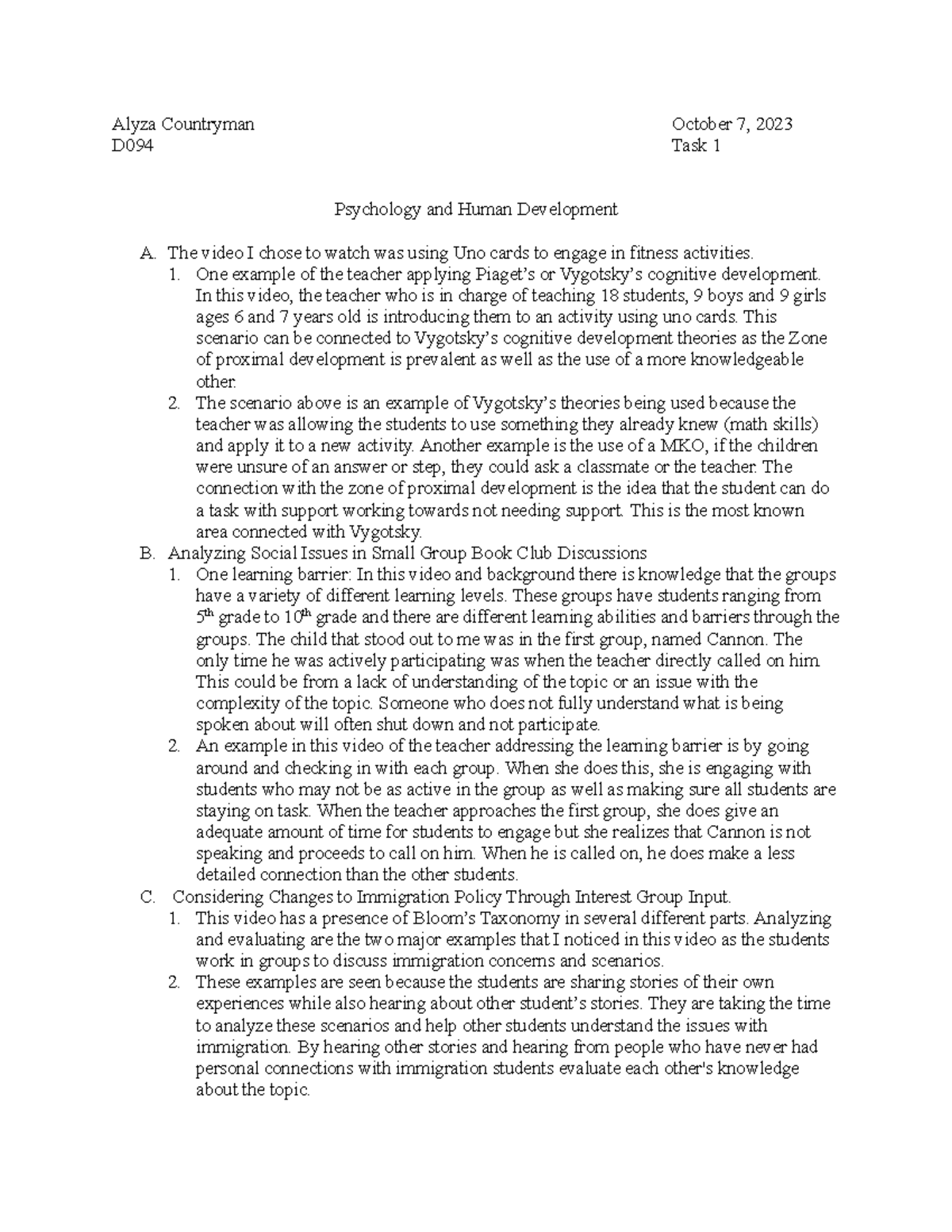 D094 Task 1 - Analysis of Cognitive Development in Learning Activities ...