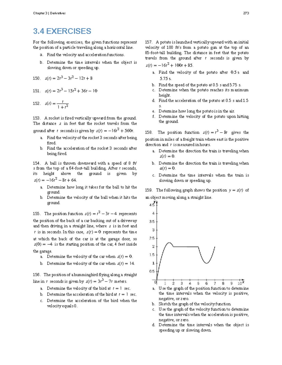 Chapter 3 Derivatives Exercises: Velocity, Acceleration, and Population ...
