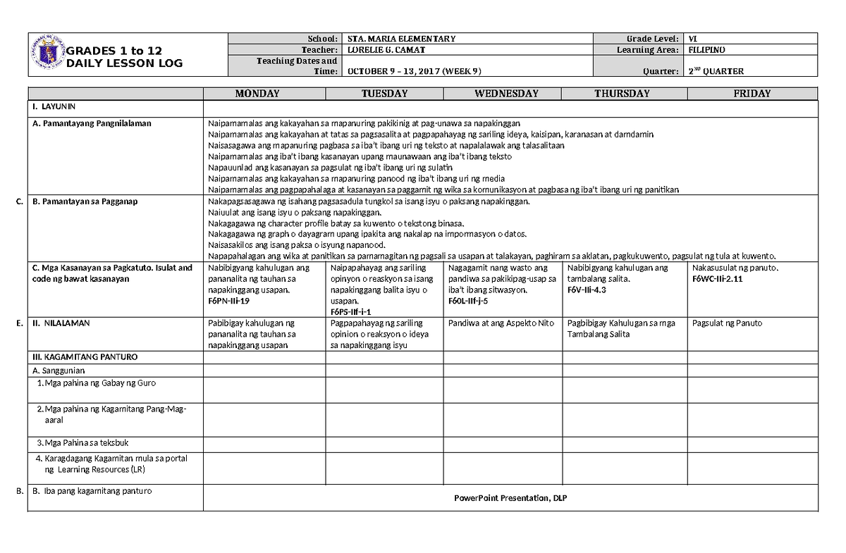 DLL Filipino 6 2nd Quarter Week 9 Daily Lesson Log - Studocu