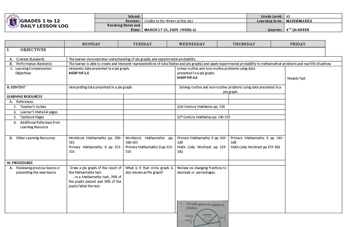 DLL Mathematics 6 Q4 W6 - math lesson plan - GRADES 1 to 12 DAILY ...