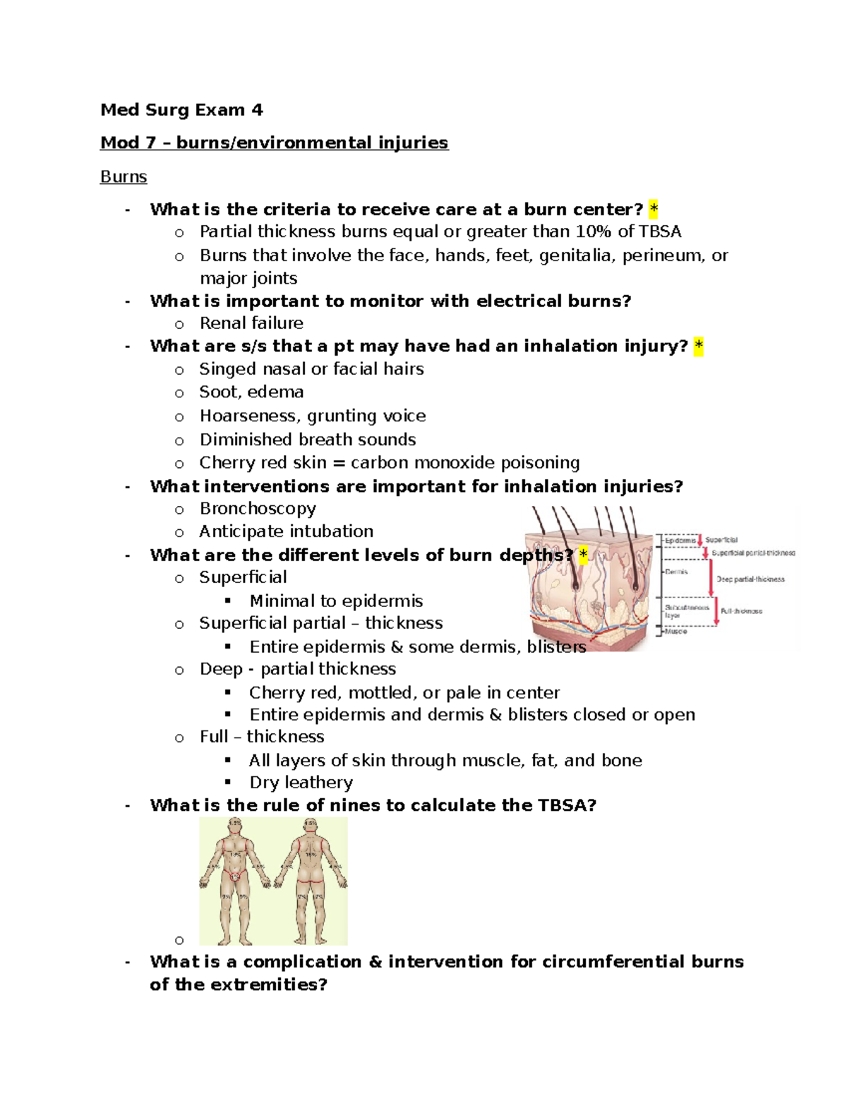 Exam 4 med surg 3 - exam study guide! - Med Surg Exam 4 Mod 7 – burns ...