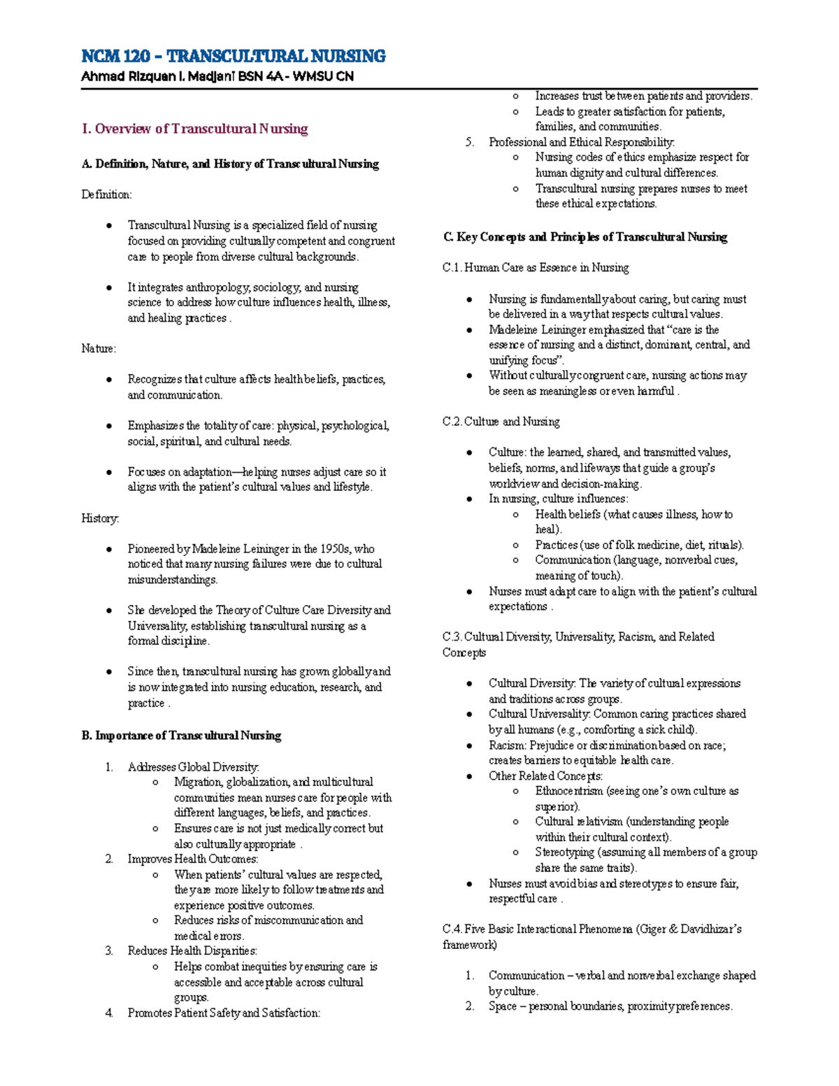 TCN 5: Overview of Transcultural Nursing and Its Key Principles - Studocu