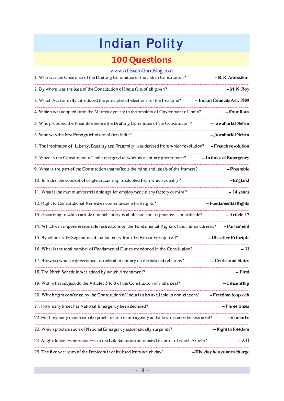 Indian Polity Quiz: 100 Questions for Polity 100 (Wk 48) - Studocu