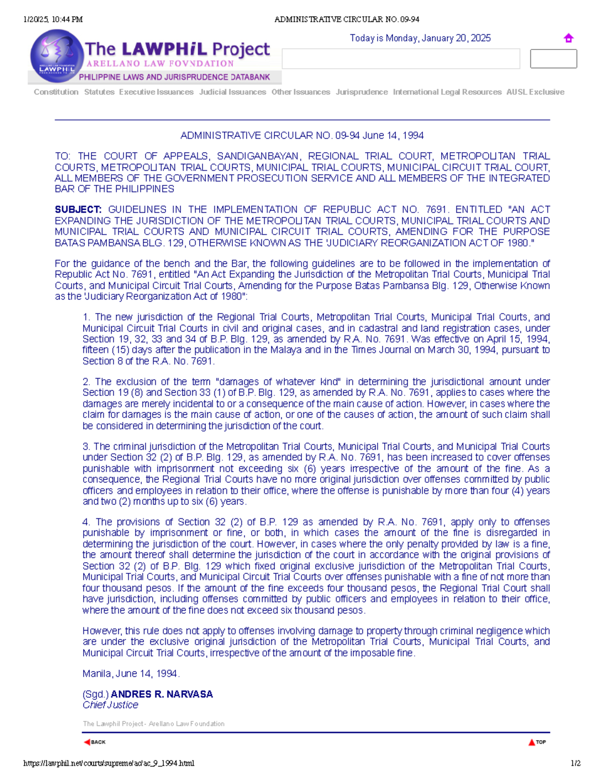 Admin Circular No. 09-94a - Constitution Statutes Executive Issuances ...