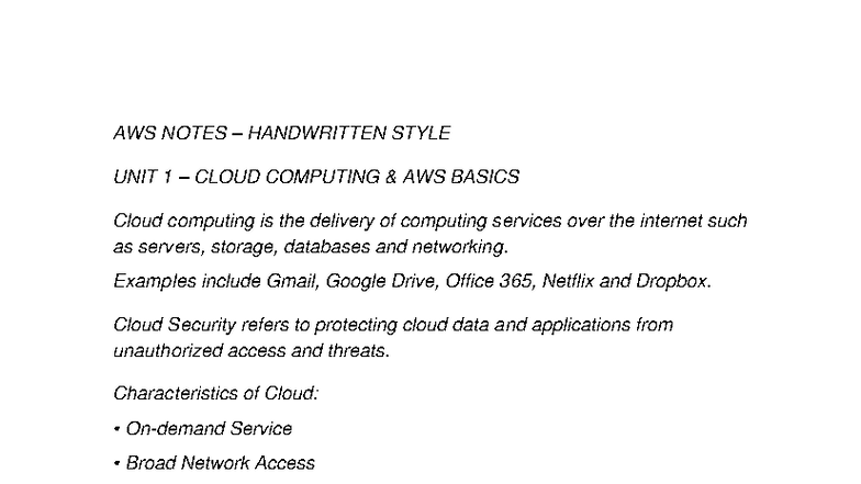 AWS Handwritten Notes: Unit 1 & 2 - Cloud Computing & Networking - Studocu