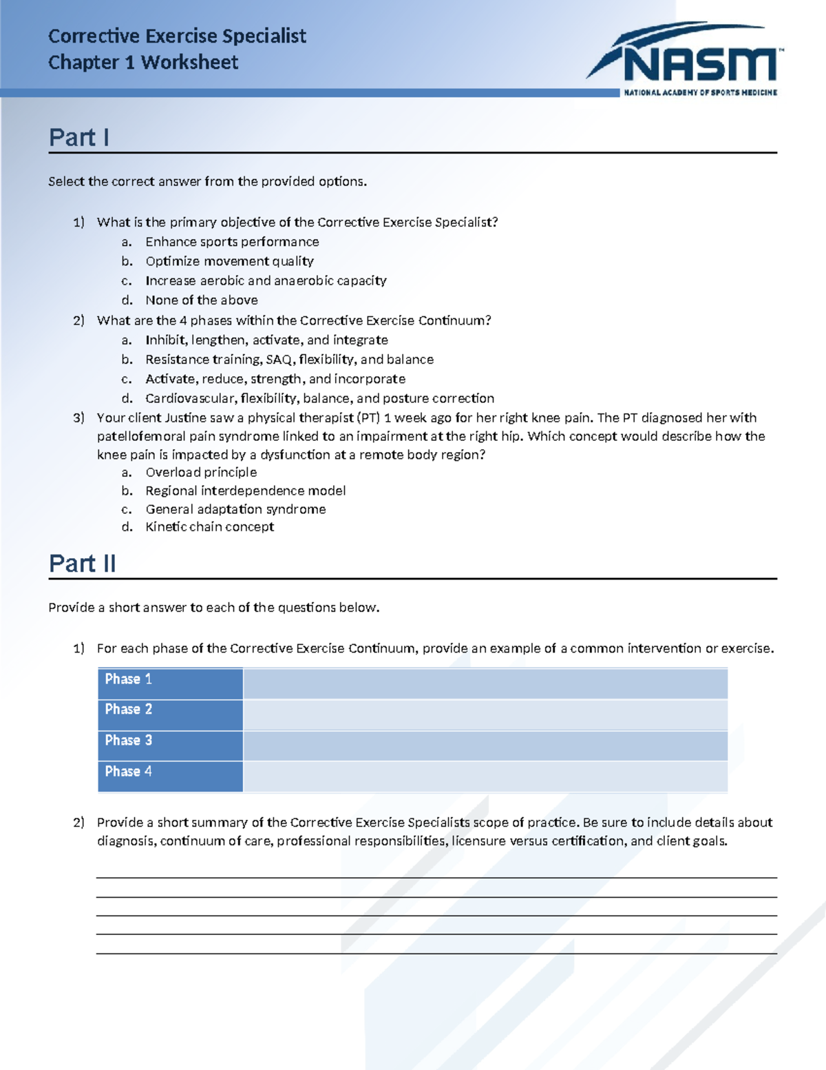 NASM CES ARC Chapter 1 Worksheet - Corrective Exercise Specialist ...