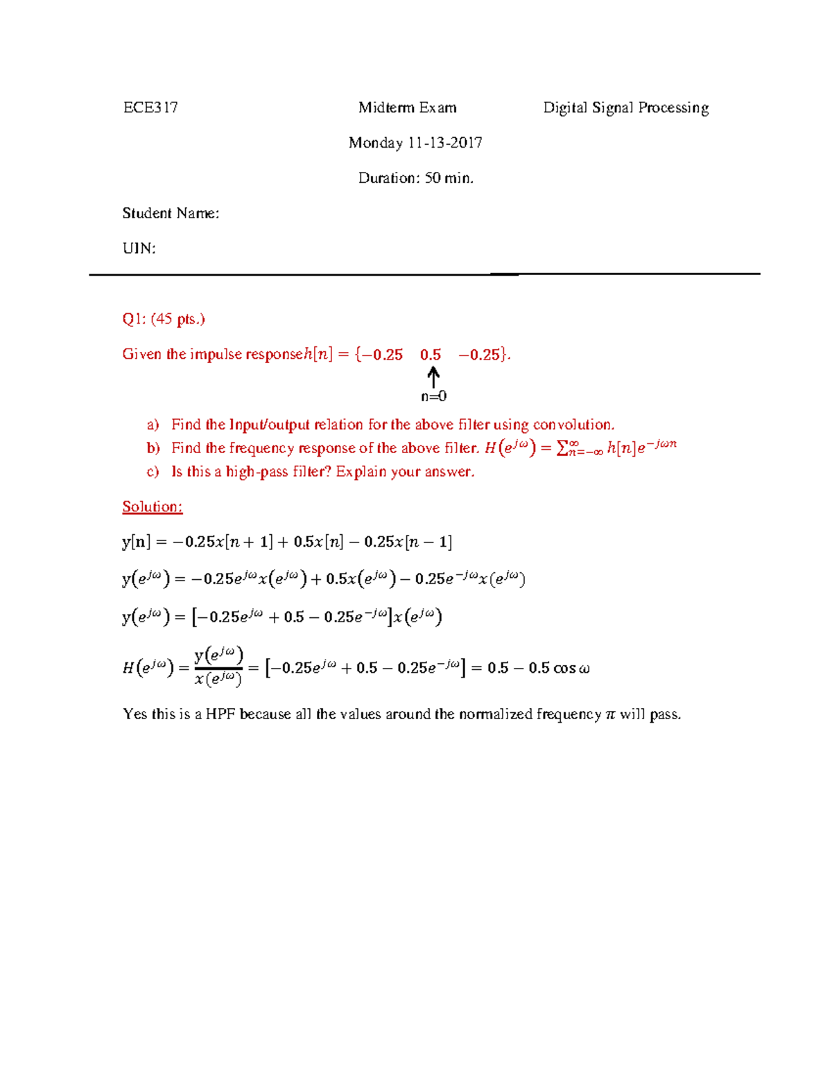 Ece317 Digital Signal Processing Midterm Exam 1 Solutions Studocu
