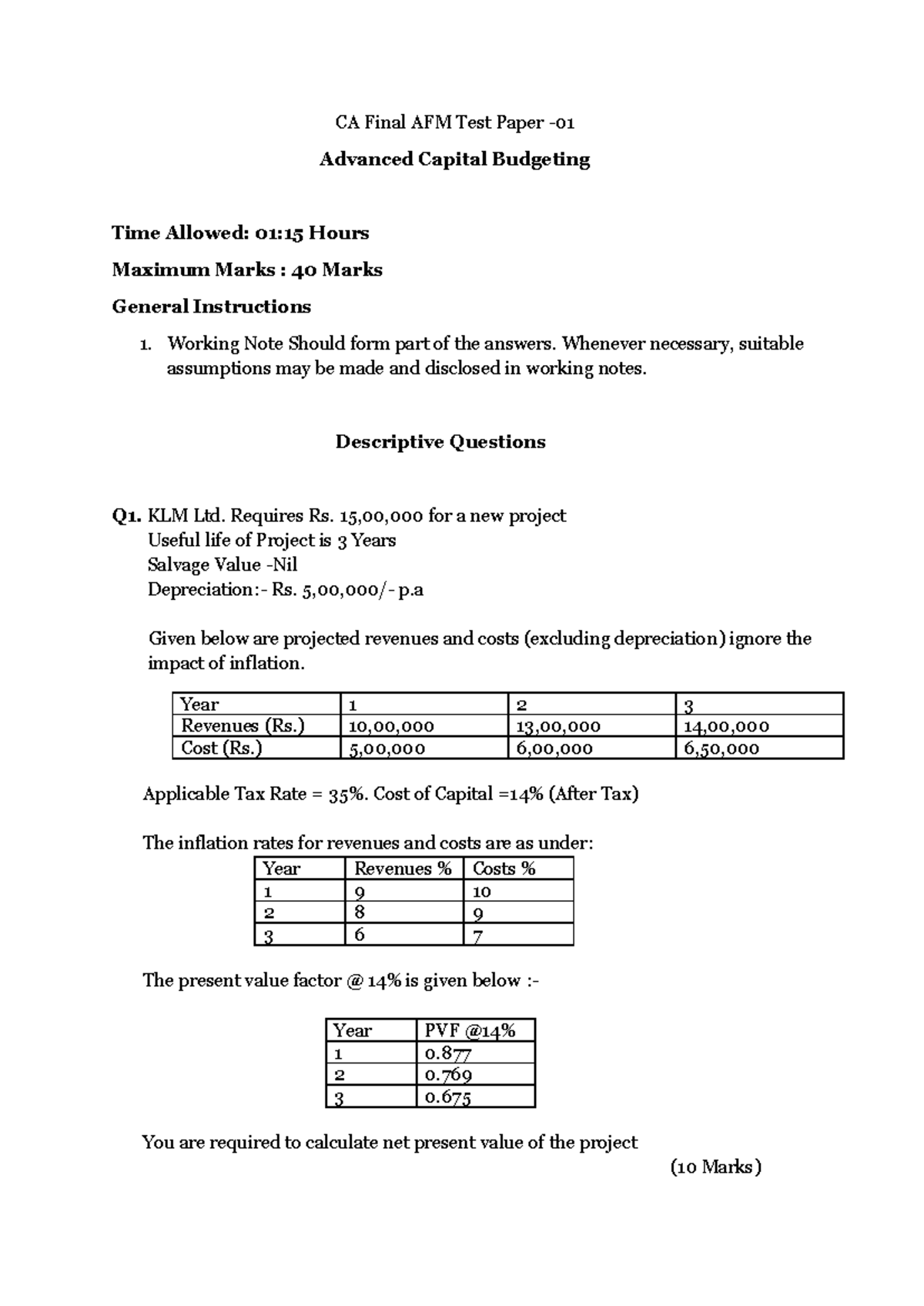 CA Final AFM Test Paper-1: Advanced Capital Budgeting Exercises - Studocu