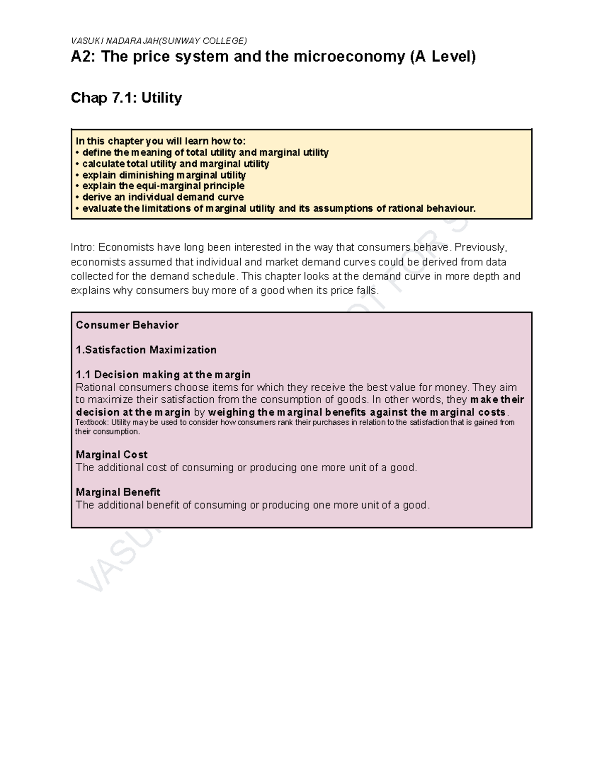 A2 Microeconomics: Price System & Utility - Chap 7.1 Insights - Studocu