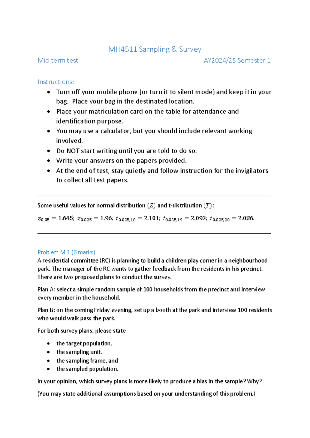MH4511 Sampling Survey Midterm Test Instructions and Problems - Studocu