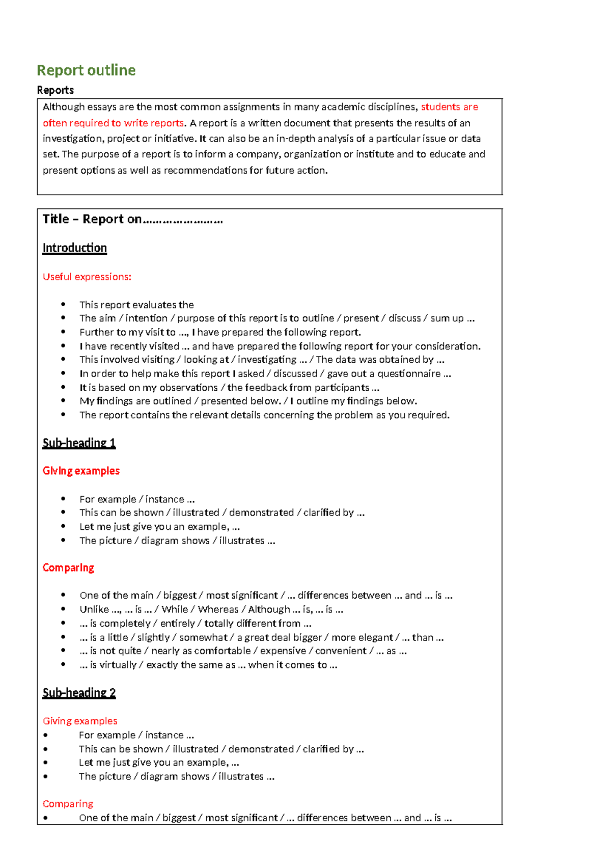 Report Outline for Academic Writing: Key Elements and Expressions ...