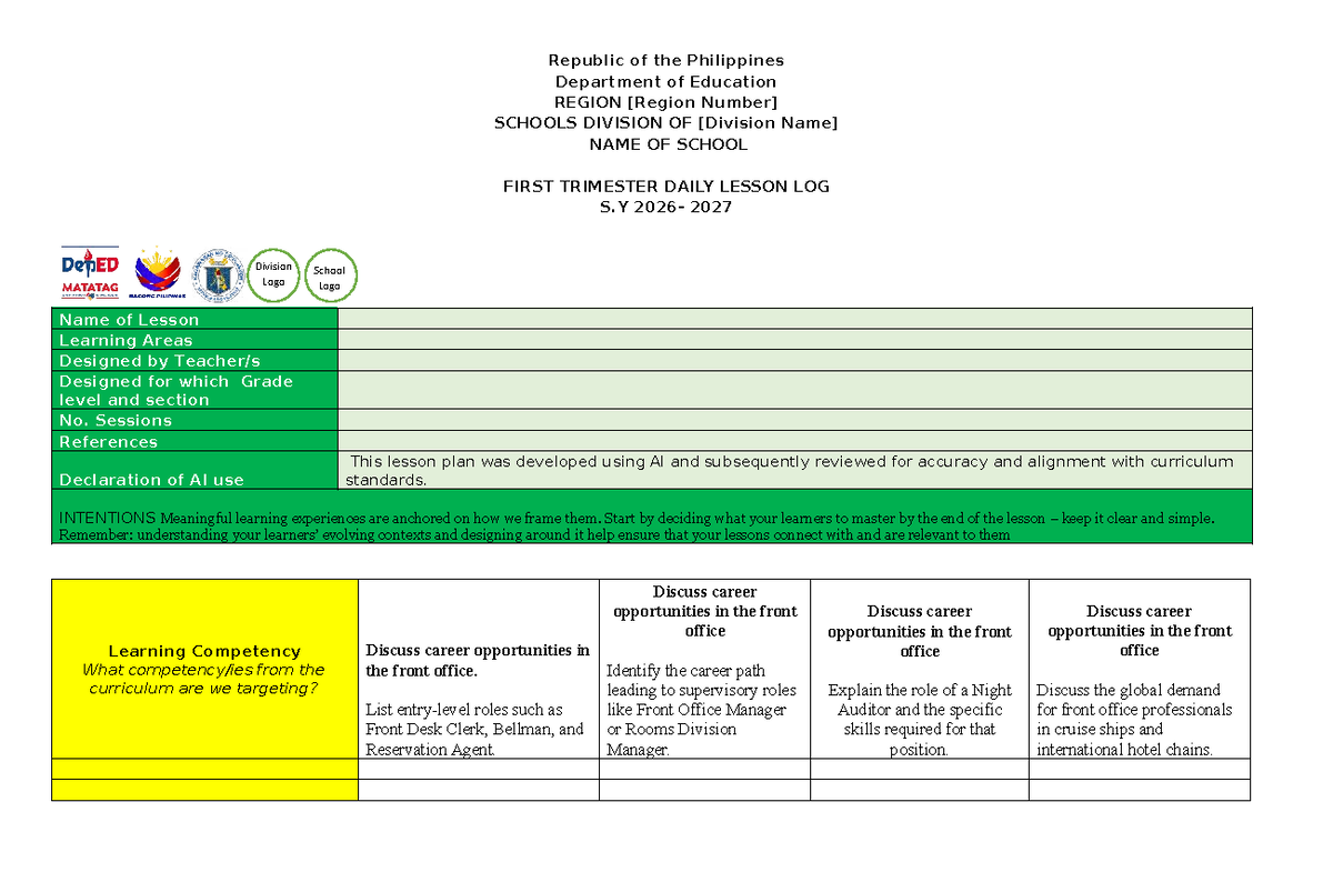 S.Y. 2027 Term 1 Daily Lesson Log: Front Office Careers & Skills - Studocu