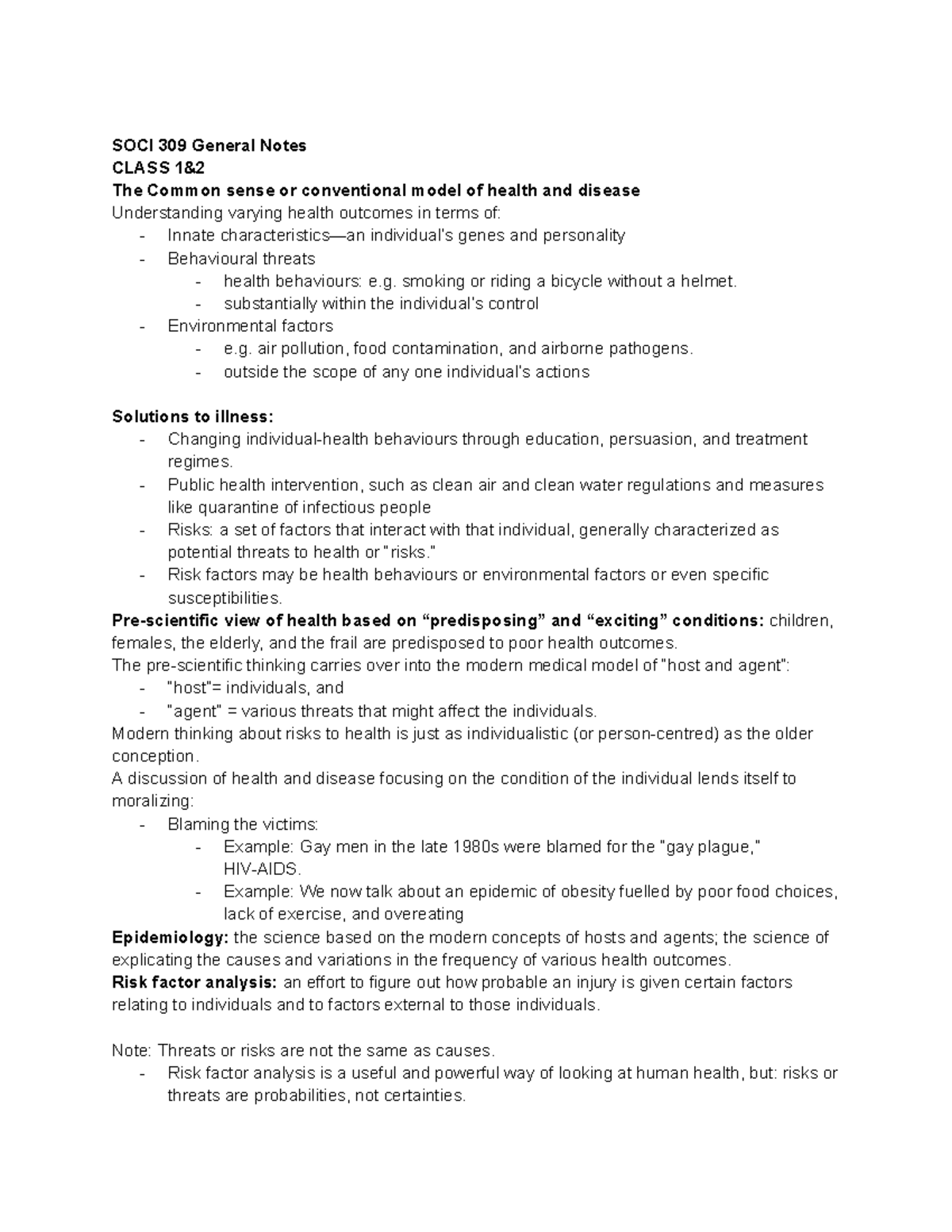 SOCI 309 General notes on health, disease, and social epidemiology ...
