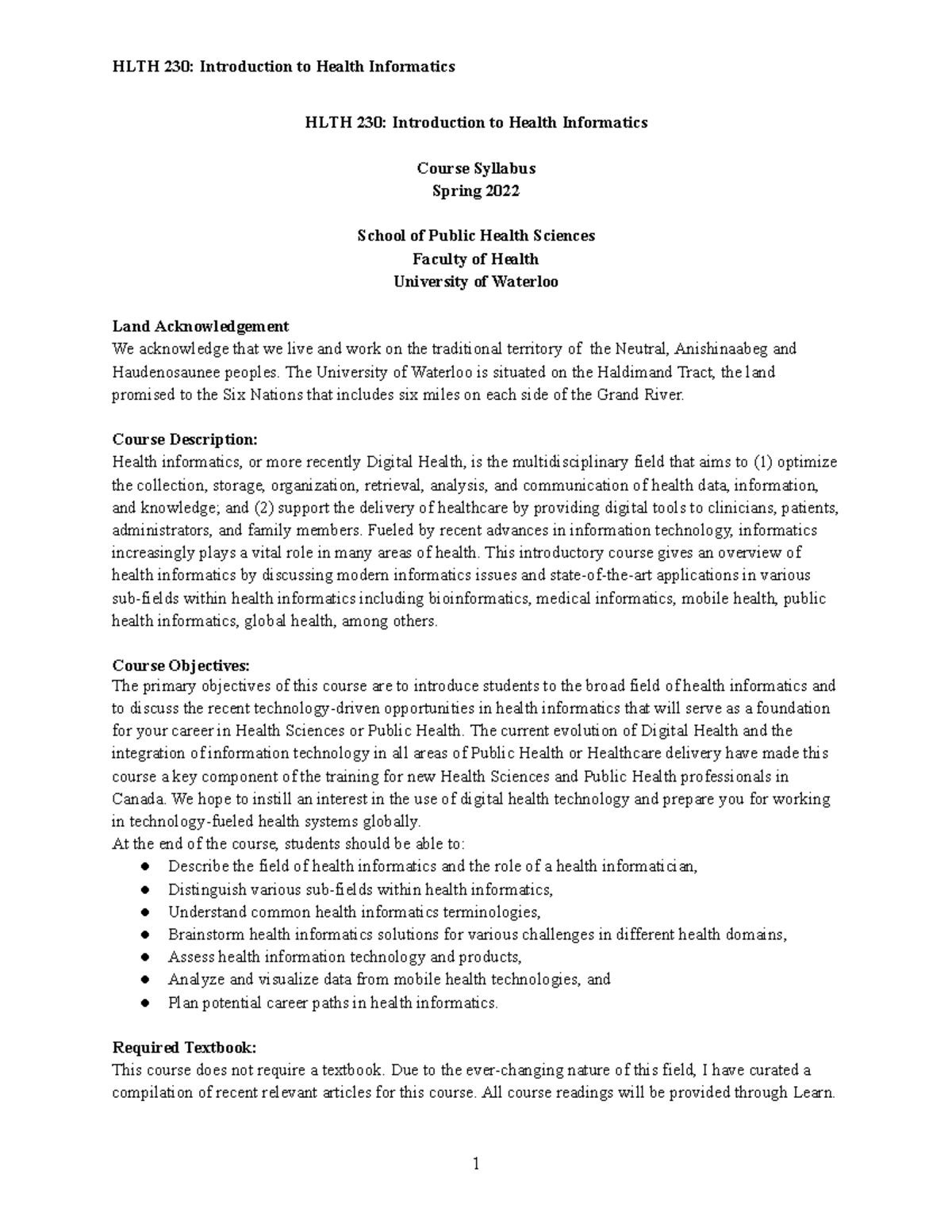 HLTH 230 - Health Informatics Course Syllabus - Spring 2022 - Studocu