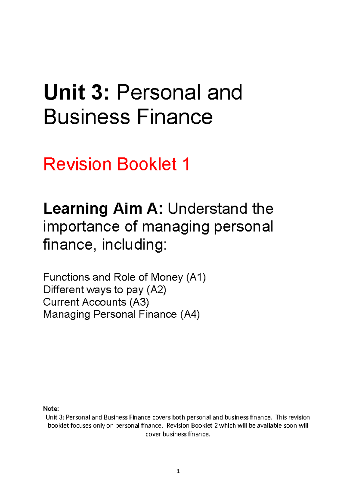 Unit 3: Personal Finance Revision Booklet - Learning Aim A Overview ...