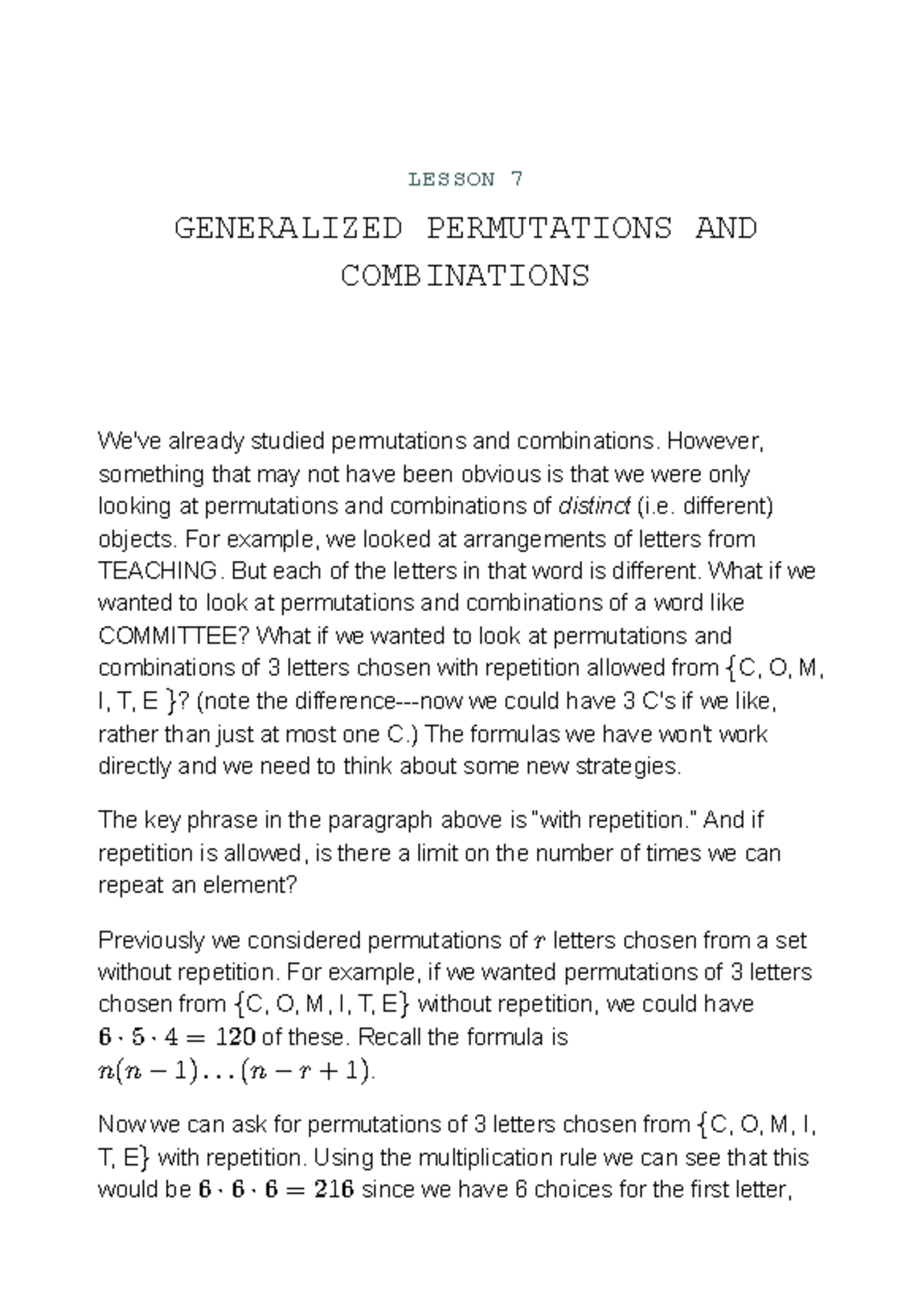 LESSON 7: GENERALIZED PERMUTATIONS & COMBINATIONS - Studocu